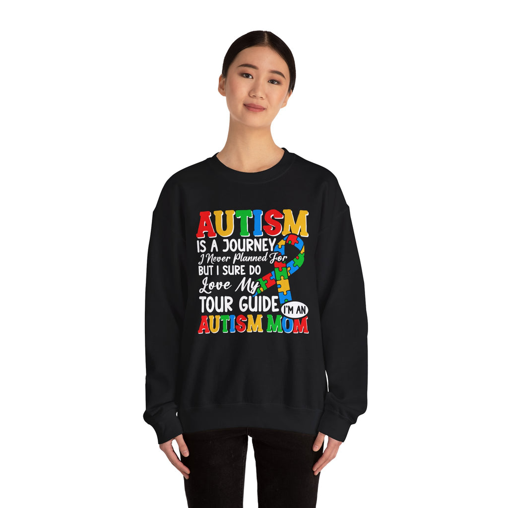 Autism Mom Crewneck Sweatshirt — "Autism Is A Journey" Colorful Puzzle-Heart Design