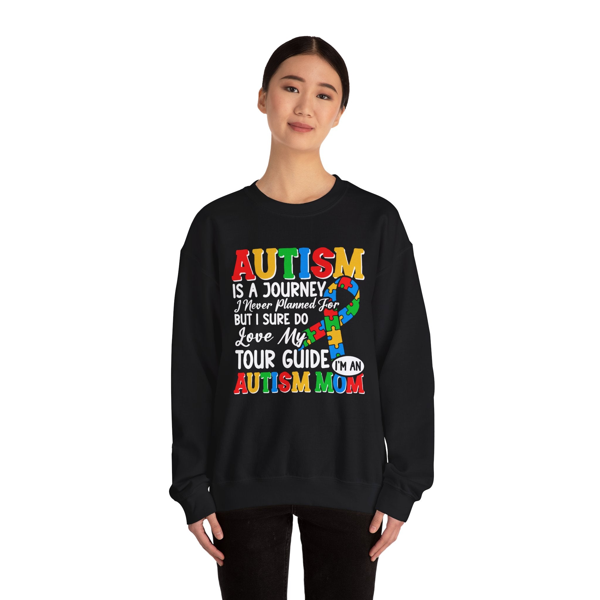 Autism Mom Crewneck Sweatshirt — "Autism Is A Journey" Colorful Puzzle-Heart Design