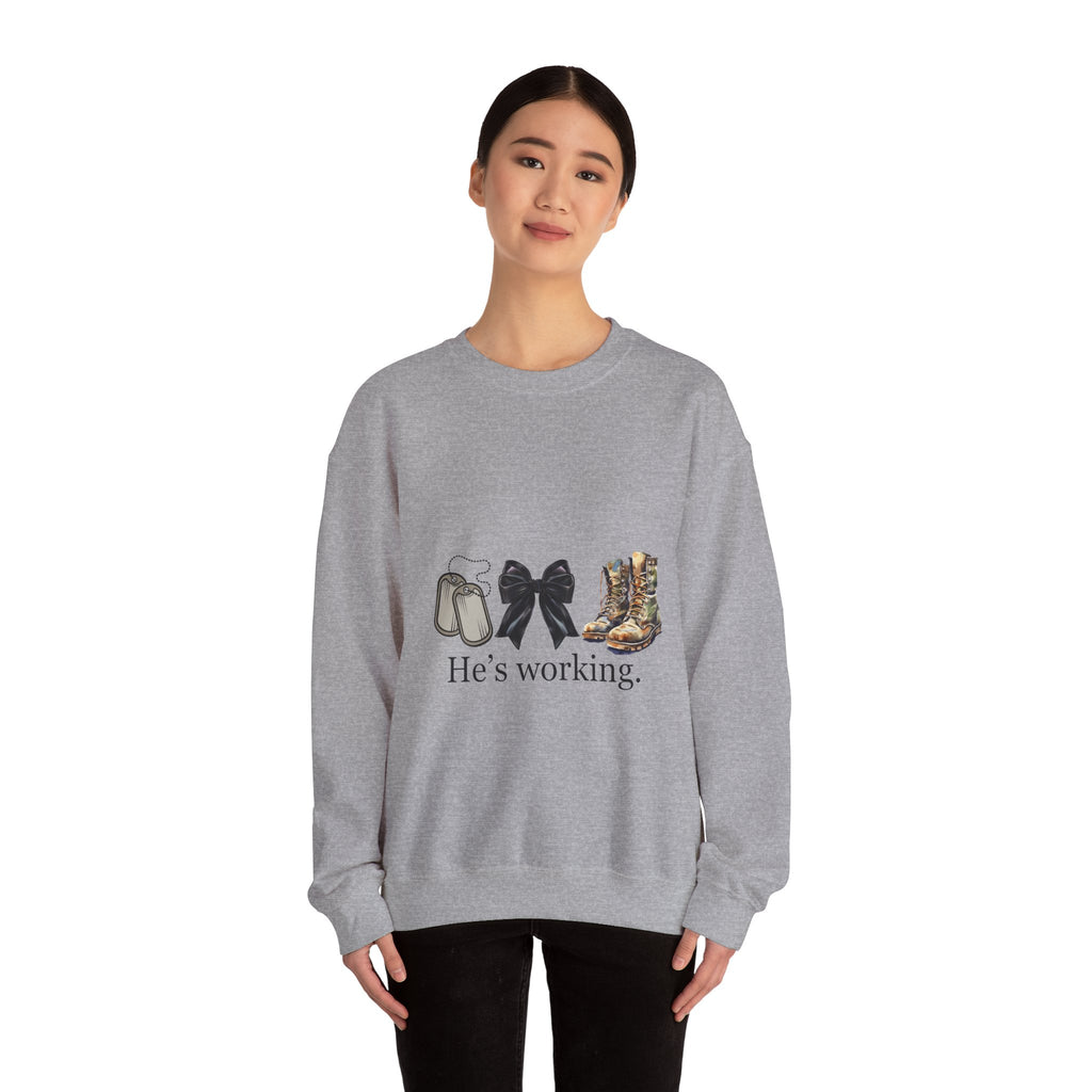 Crewneck Sweatshirt — "He's Working" Graphic with Boots, Bow & Baby Shoes