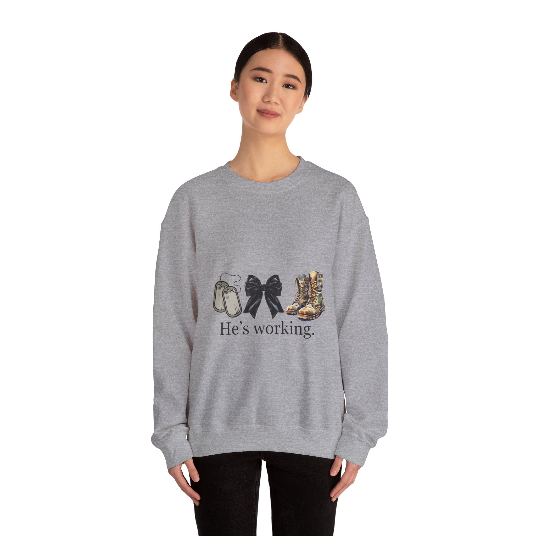 Crewneck Sweatshirt — "He's Working" Graphic with Boots, Bow & Baby Shoes