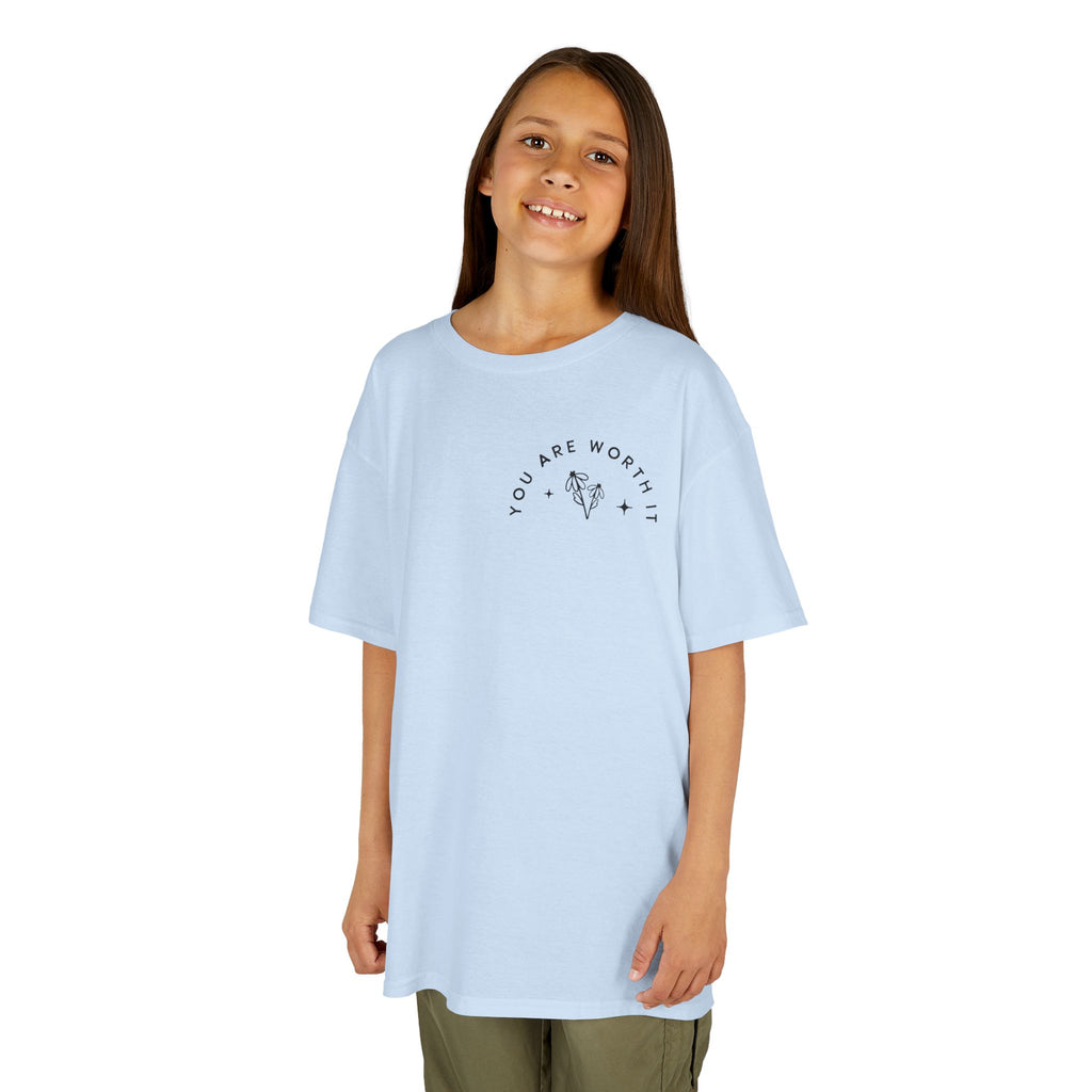 Kids Tee — “You Are Worth It” Minimal Floral Comfort Shirt