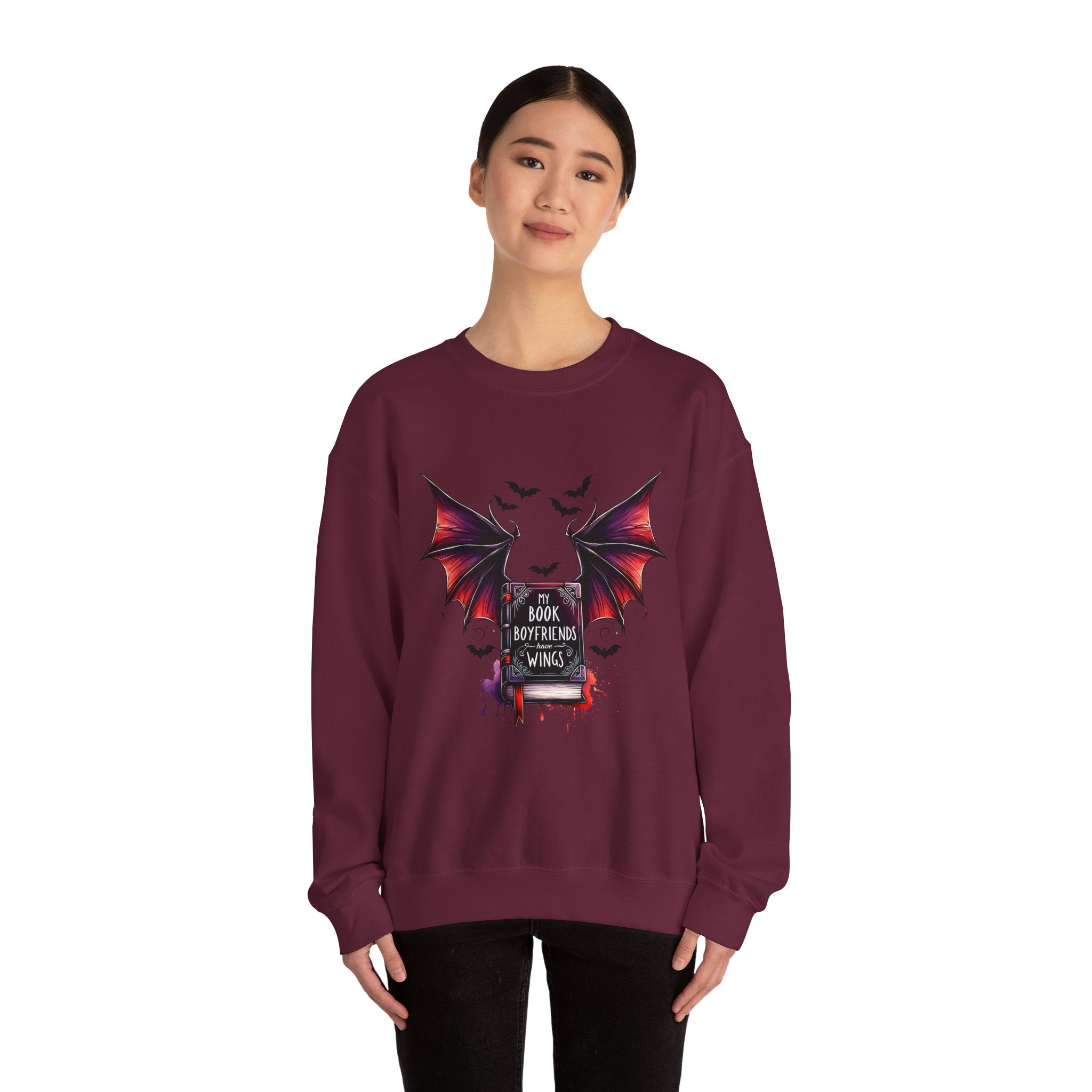 Bat Wings Book Lover Sweatshirt – "My Book Boyfriend Has Wings" Gothic Reading Crewneck