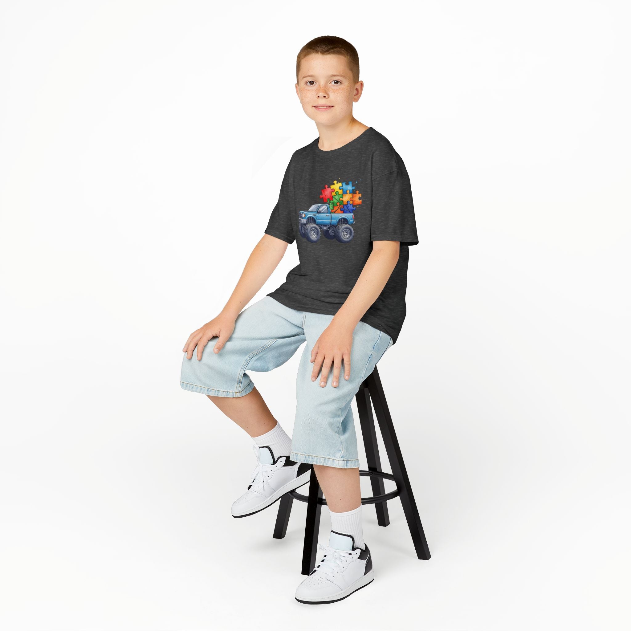 Kids Monster Truck Autism Awareness T‑Shirt — Puzzle Piece Ride
