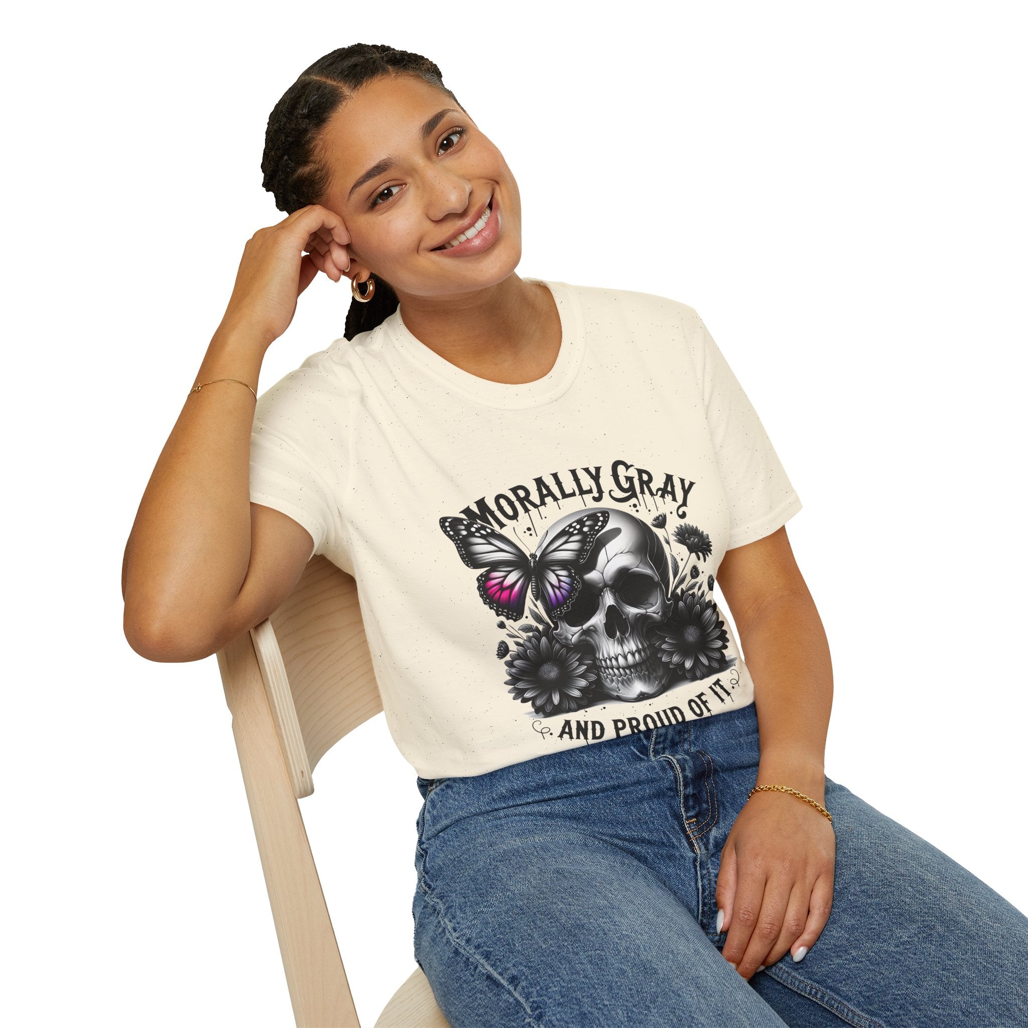 Morally Gray Skull T-Shirt — "Morally Gray and Proud of It" Gothic Butterfly Tee