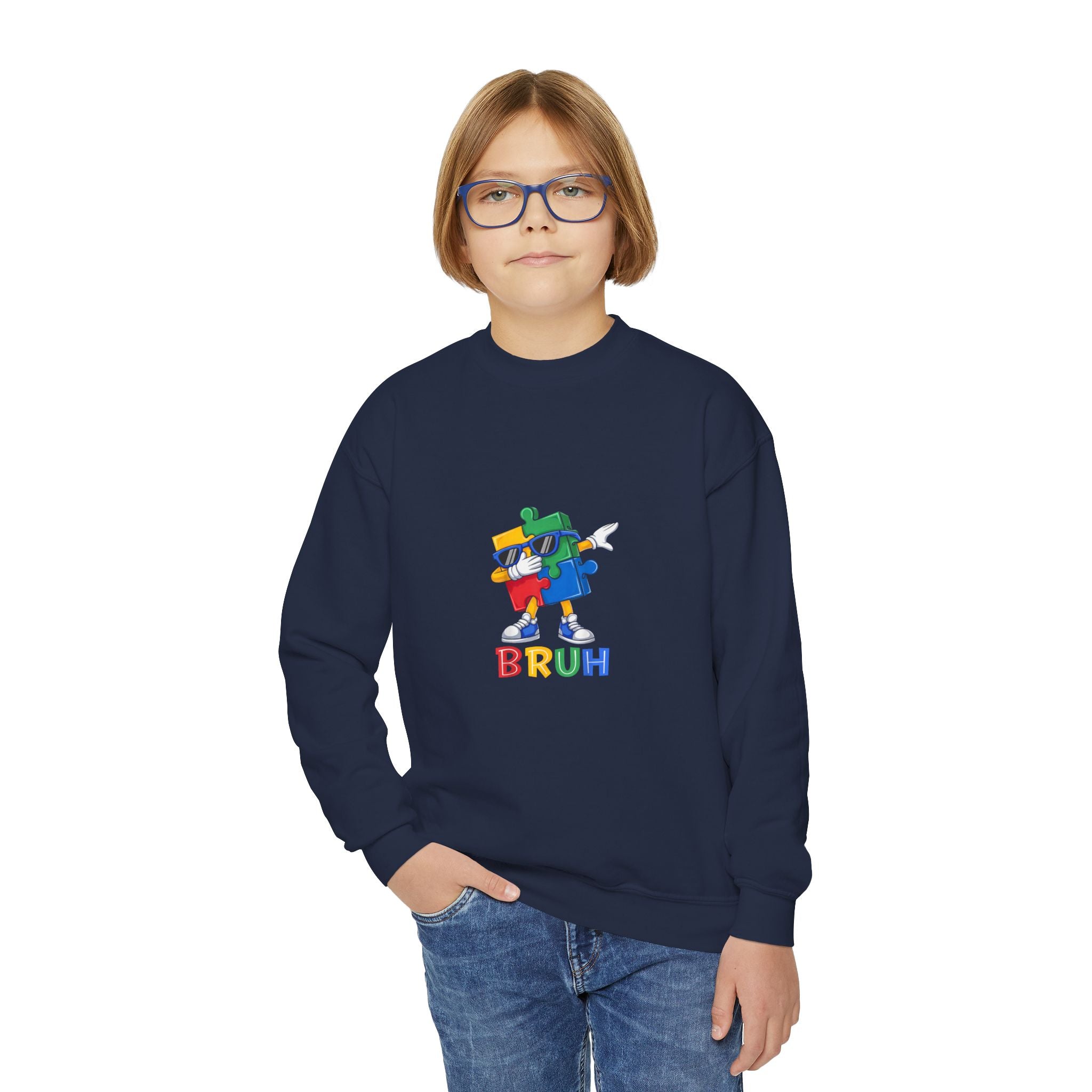Youth Crewneck Sweatshirt — Colorful Cartoon Puzzle 'BRUH' Graphic