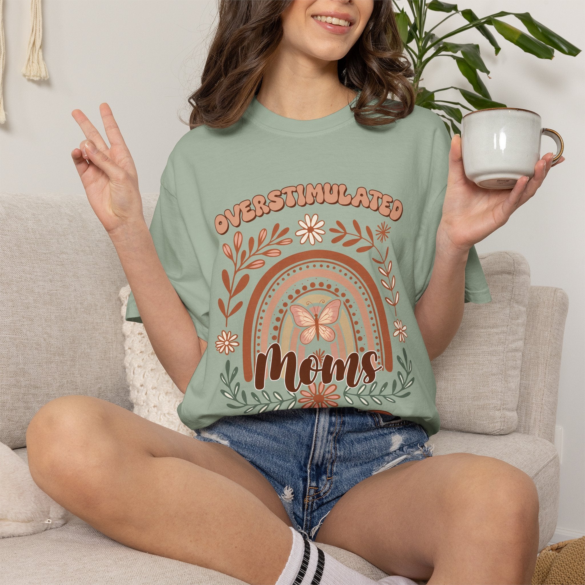 Moms Club Tee — "Overstimulated" Retro Floral Rainbow Mother's Day Shirt