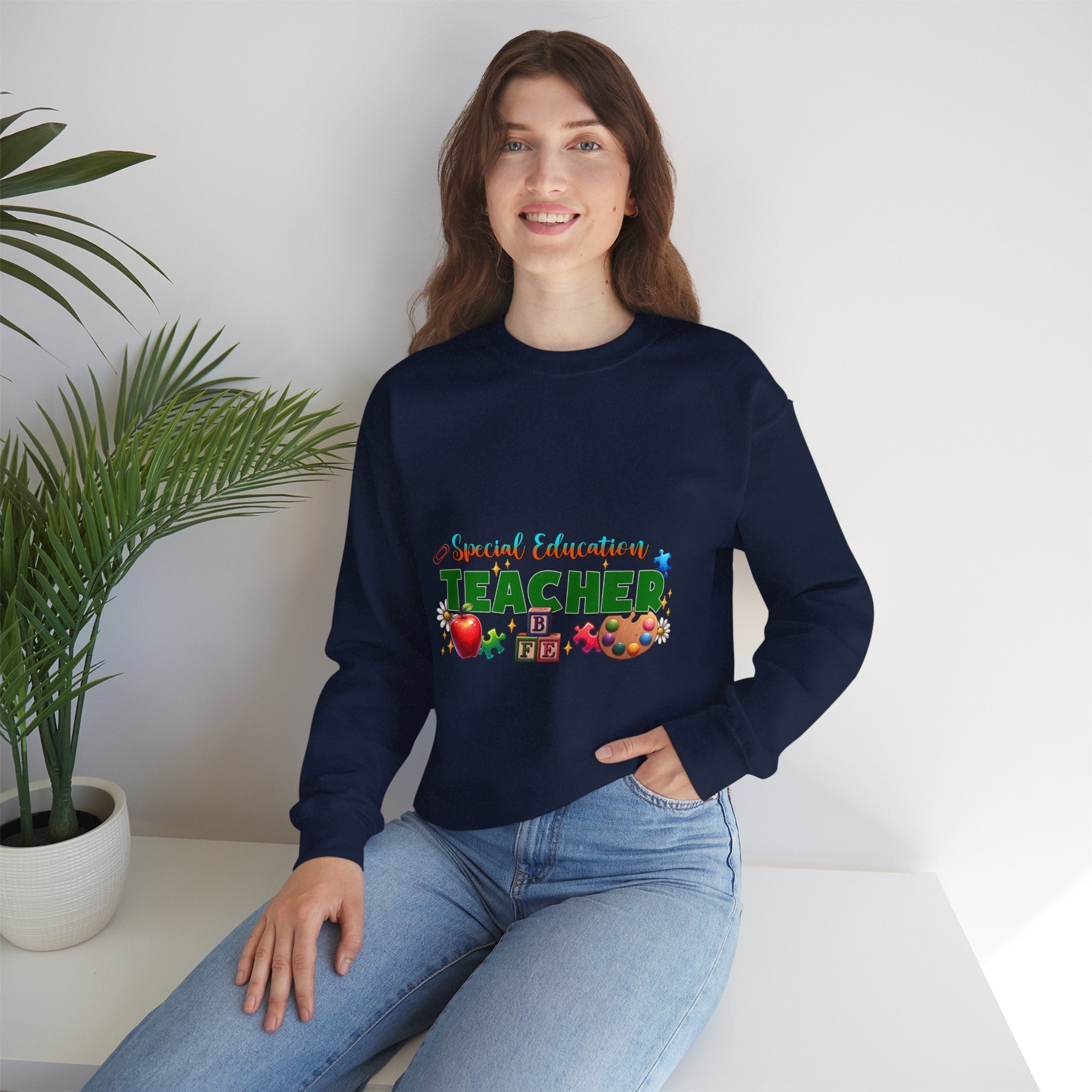 Special Education Teacher Crewneck Sweatshirt — Cute Apple & Classroom Icons