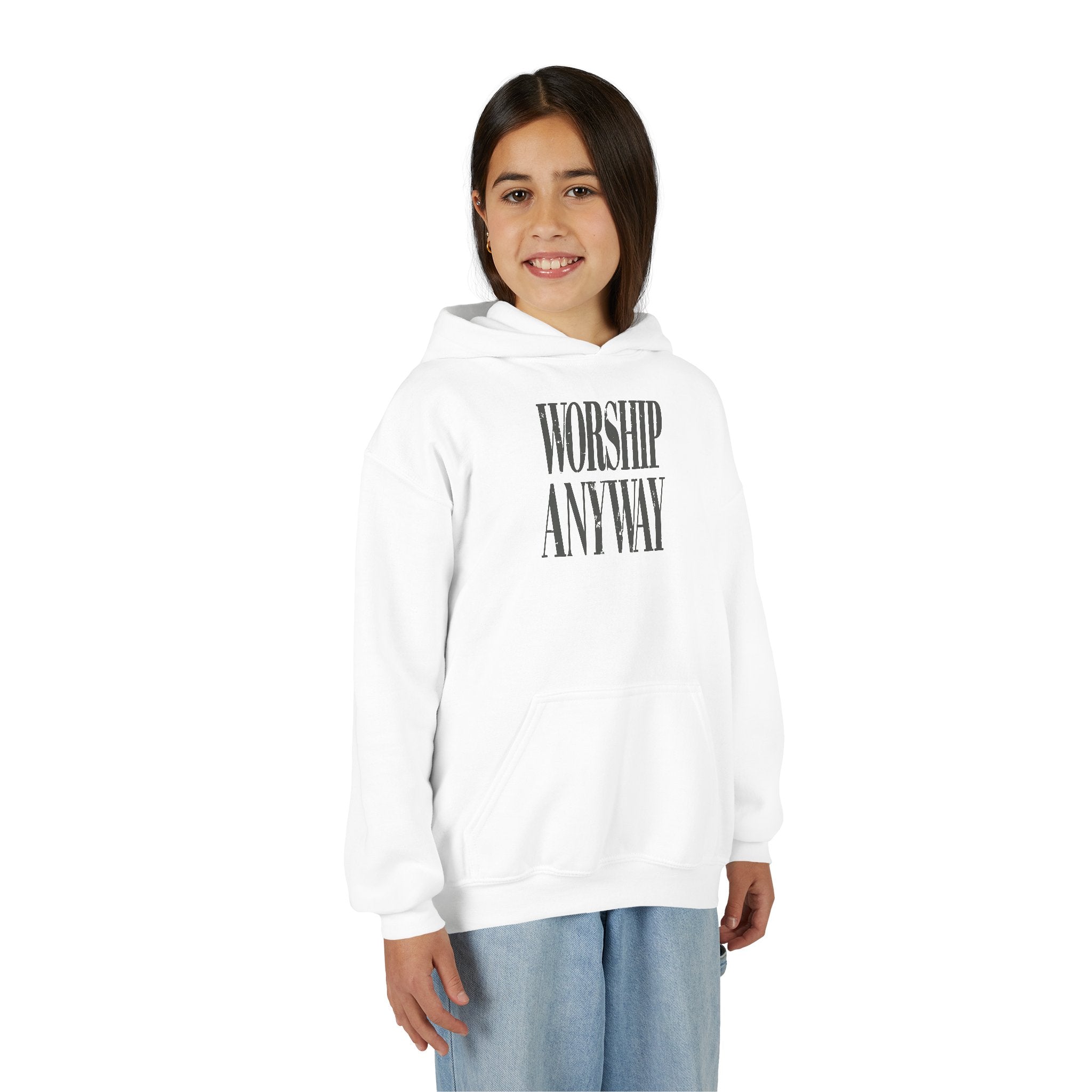 Youth Hoodie — "Worship Anyway" Minimalist Faith Pullover