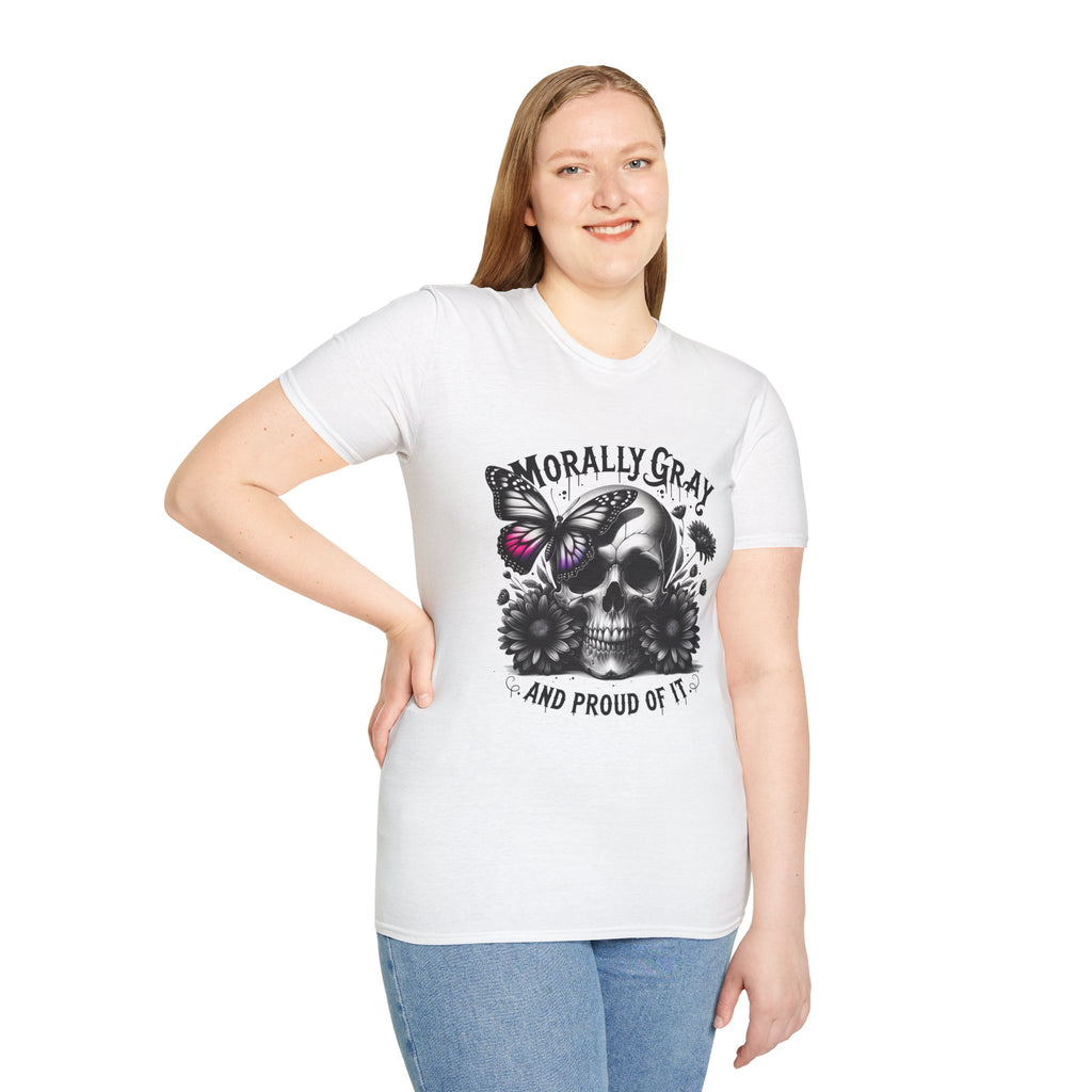 Morally Gray Skull T-Shirt — "Morally Gray and Proud of It" Gothic Butterfly Tee