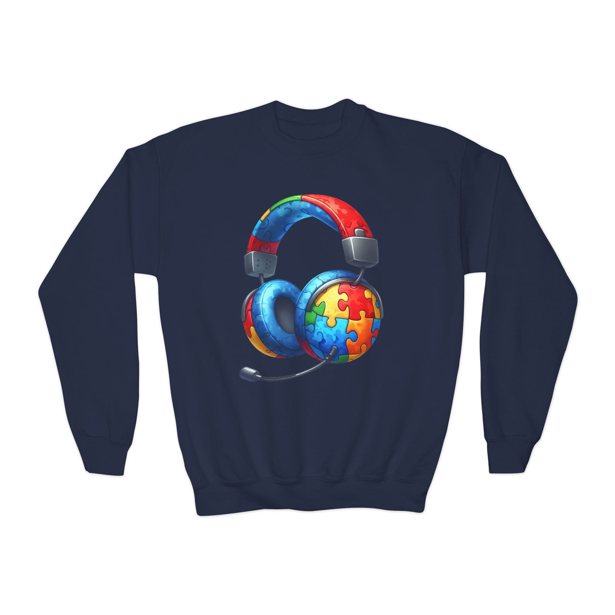 Youth Crewneck Sweatshirt — Colorful Headphones with Puzzle Heart Graphic (Autism Awareness)