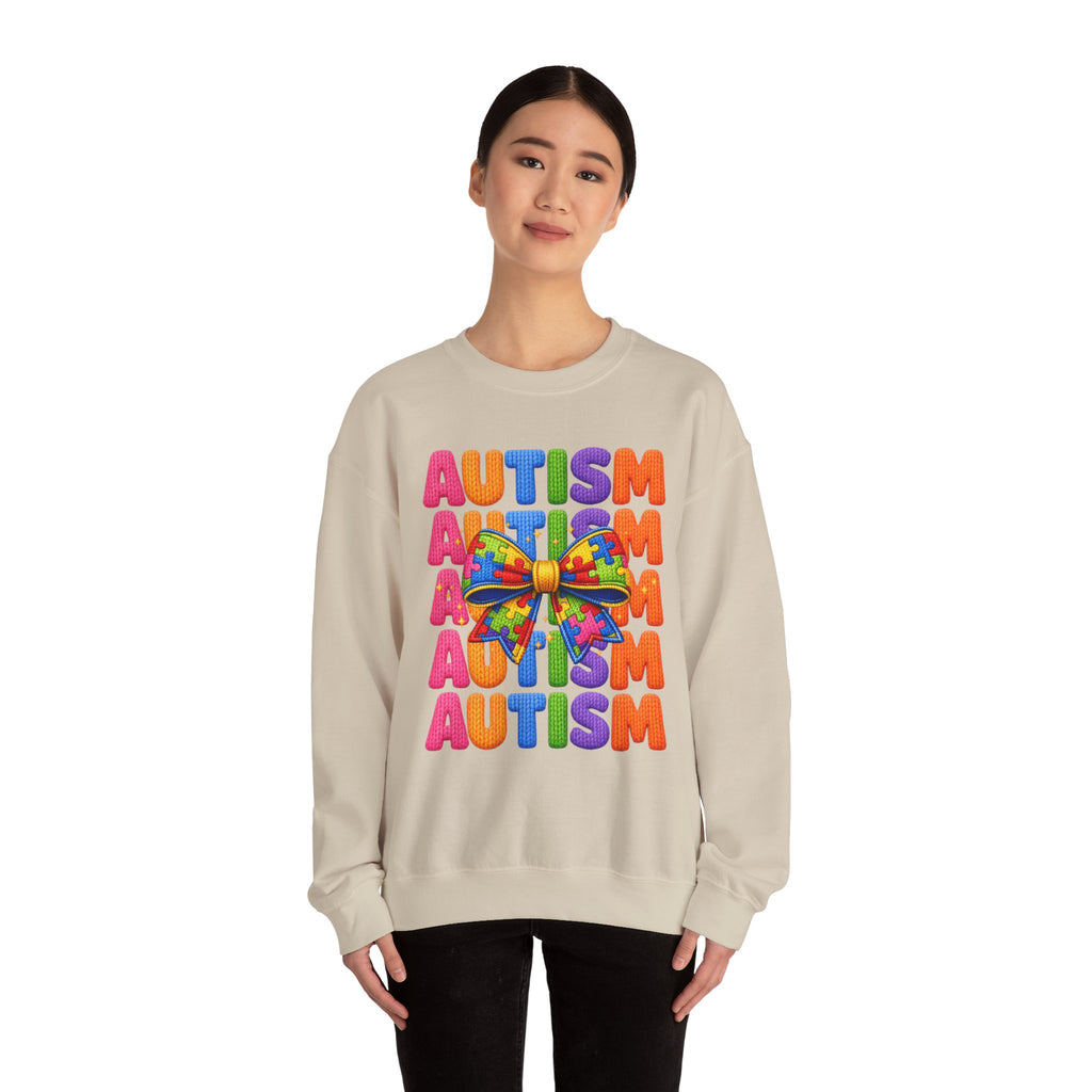 Autism Awareness Crewneck Sweatshirt — Colorful Puzzle Bow Design