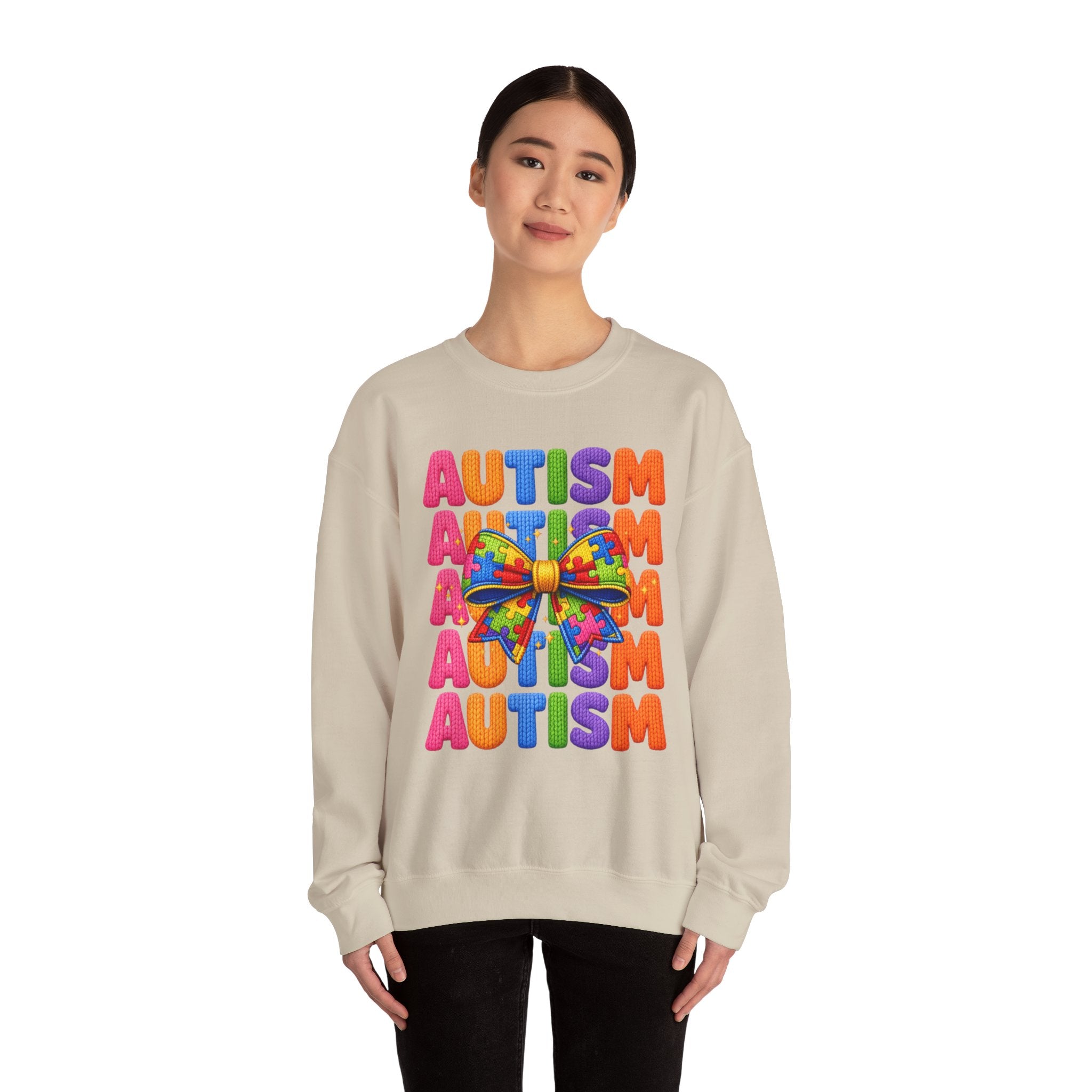 Autism Awareness Crewneck Sweatshirt — Colorful Puzzle Bow Design