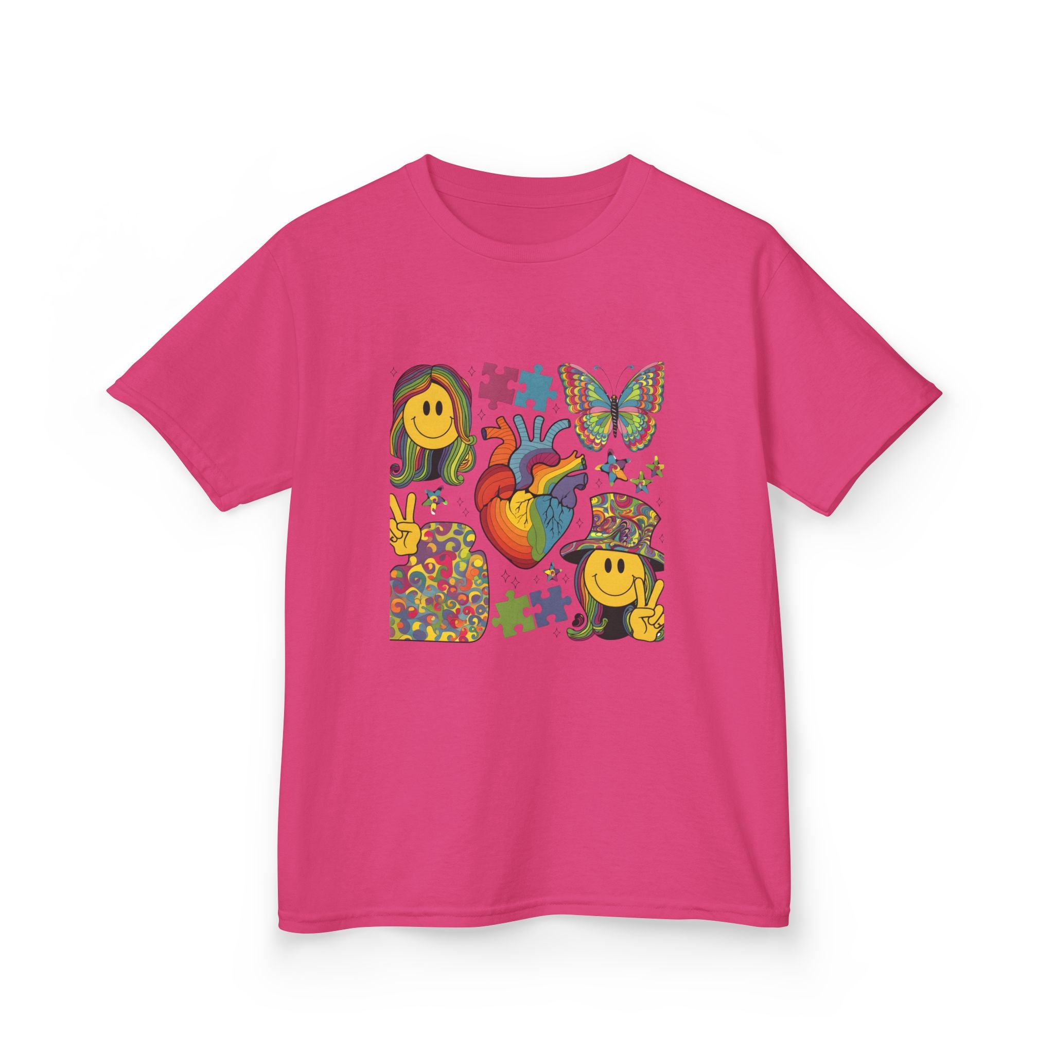Kids Tee — Colorful Psychedelic Smiley & Puzzle Heart Graphic