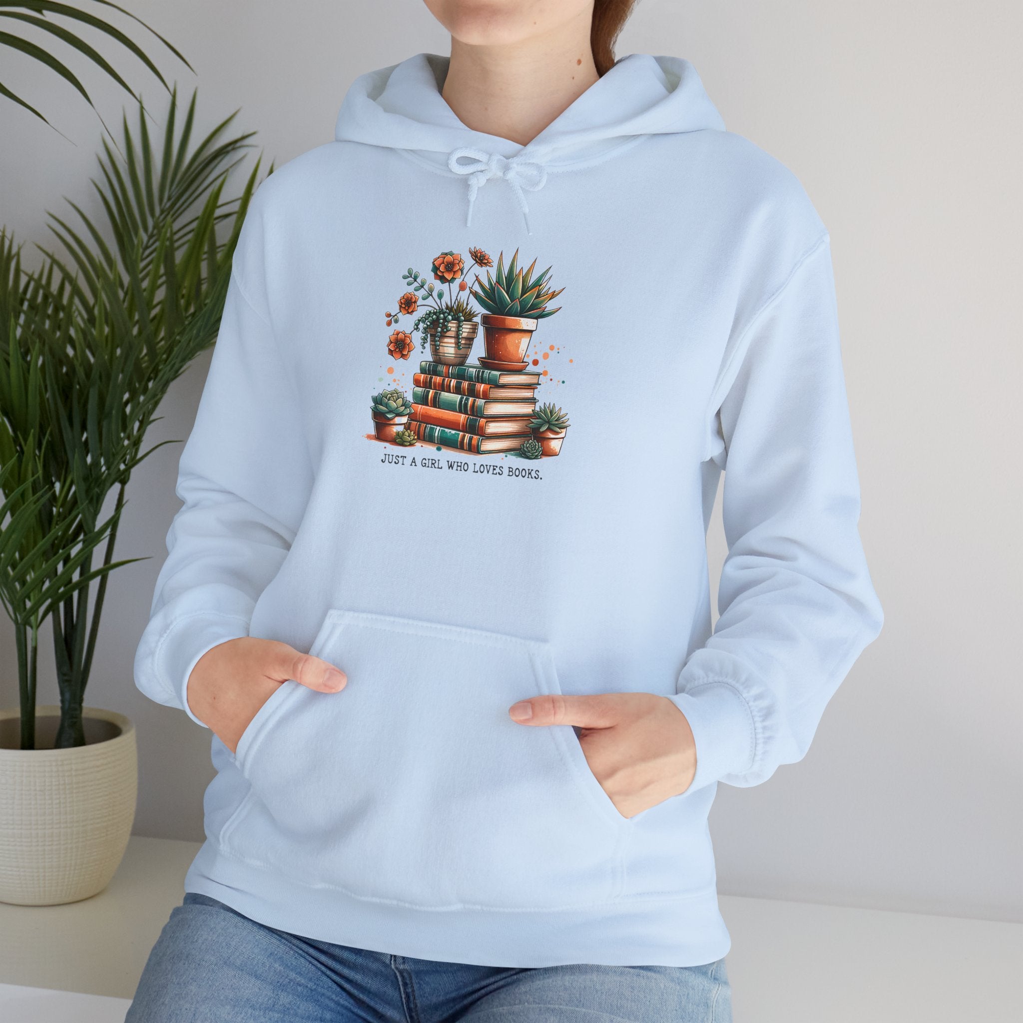 Plant Lover Hoodie – 'Plant Lady With Books' Cozy Botanical Pullover