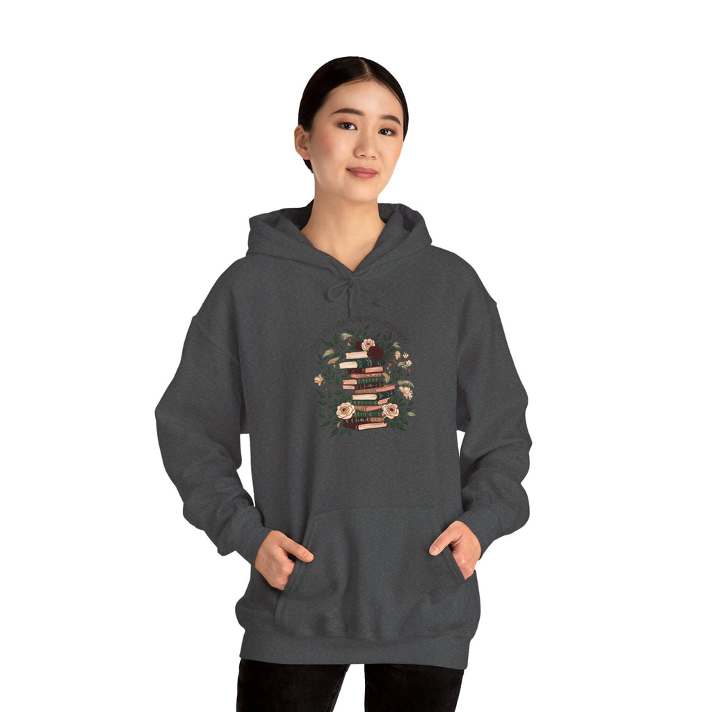 Cozy Reading Stack Hoodie — Floral Bookshelf Design
