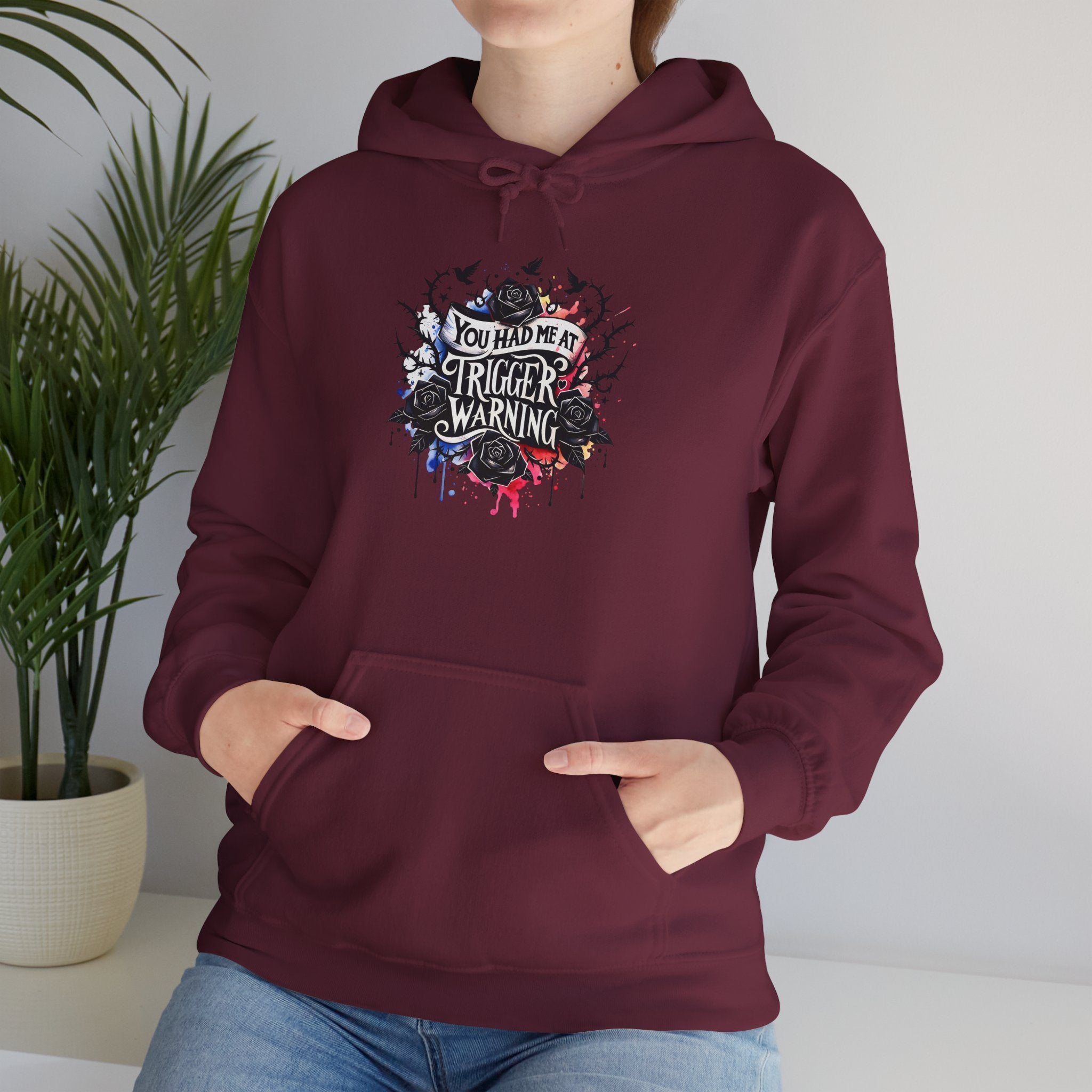 Trigger Warning Graphic Hoodie — Edgy Drip Paint Design