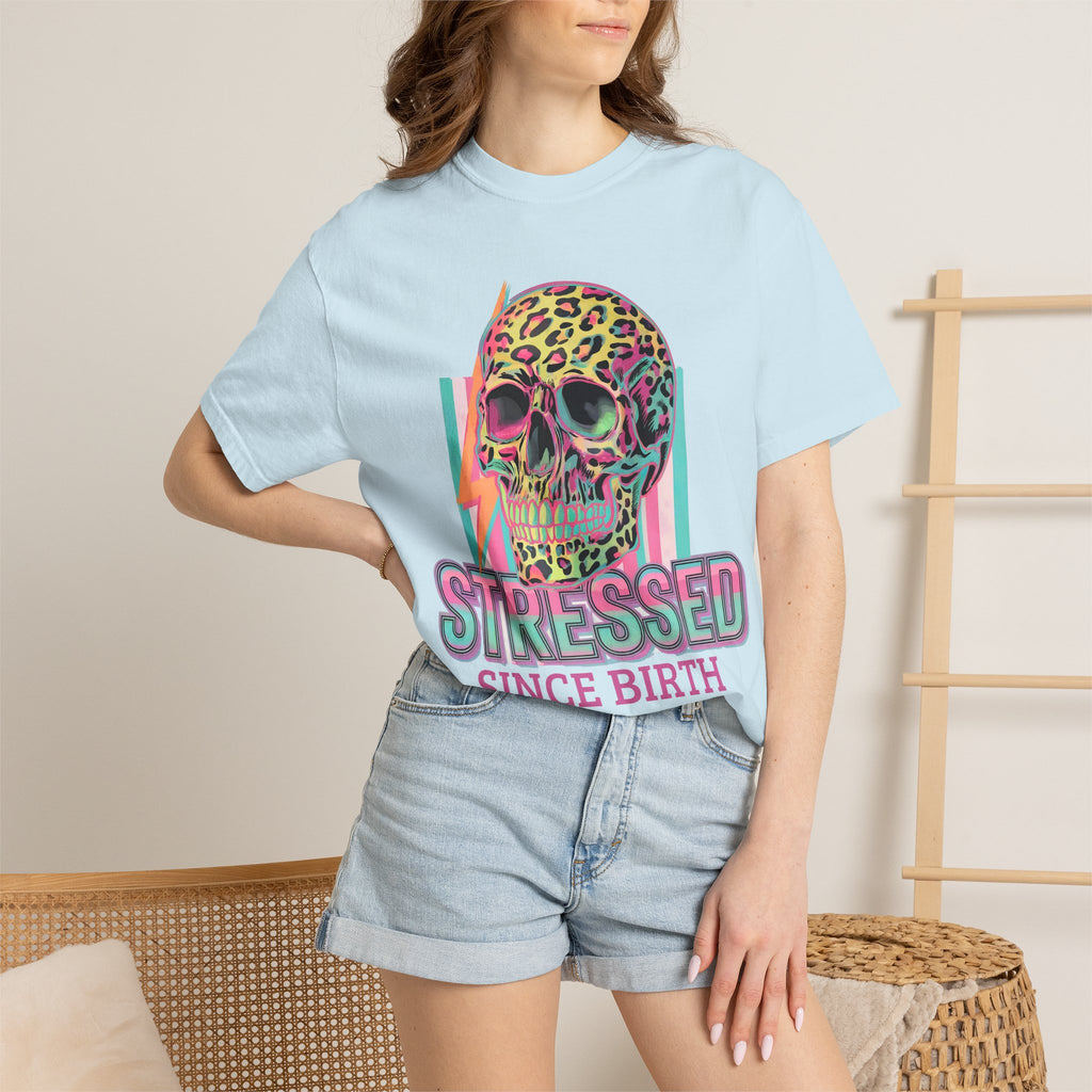 Stressed Since Birth T-Shirt — Neon Leopard Skull Graphic Tee