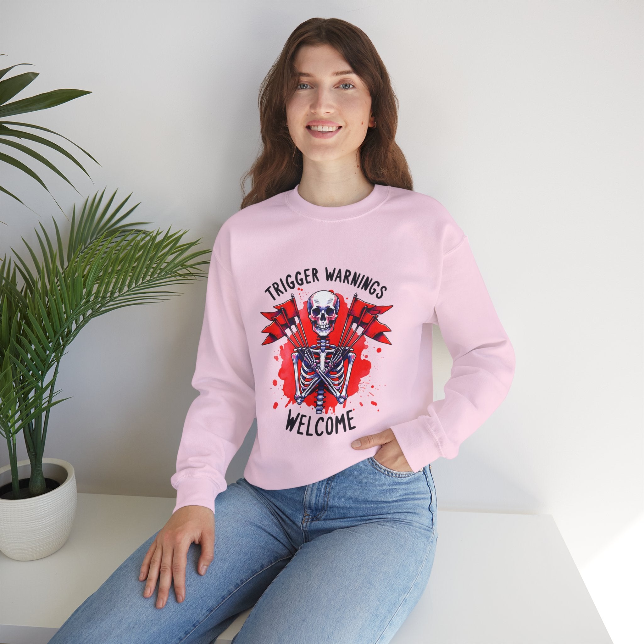 Skeleton Graphic Sweatshirt — "Trigger Warnings Welcome" Gothic Crewneck