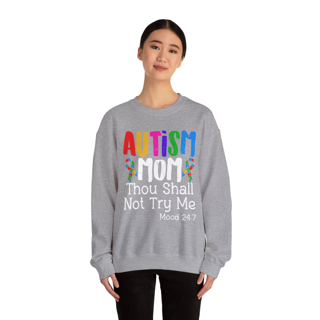 Autism Mom Crewneck Sweatshirt — "Thou Shall Not Try Me" Bold Rainbow Design