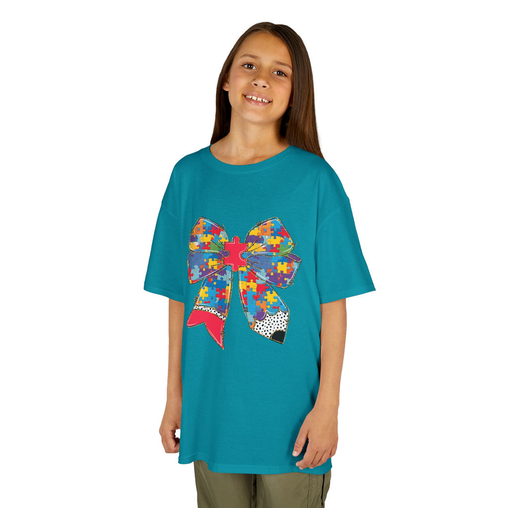Autism Awareness Puzzle Bow Kids T‑Shirt – Autism Acceptance Gift