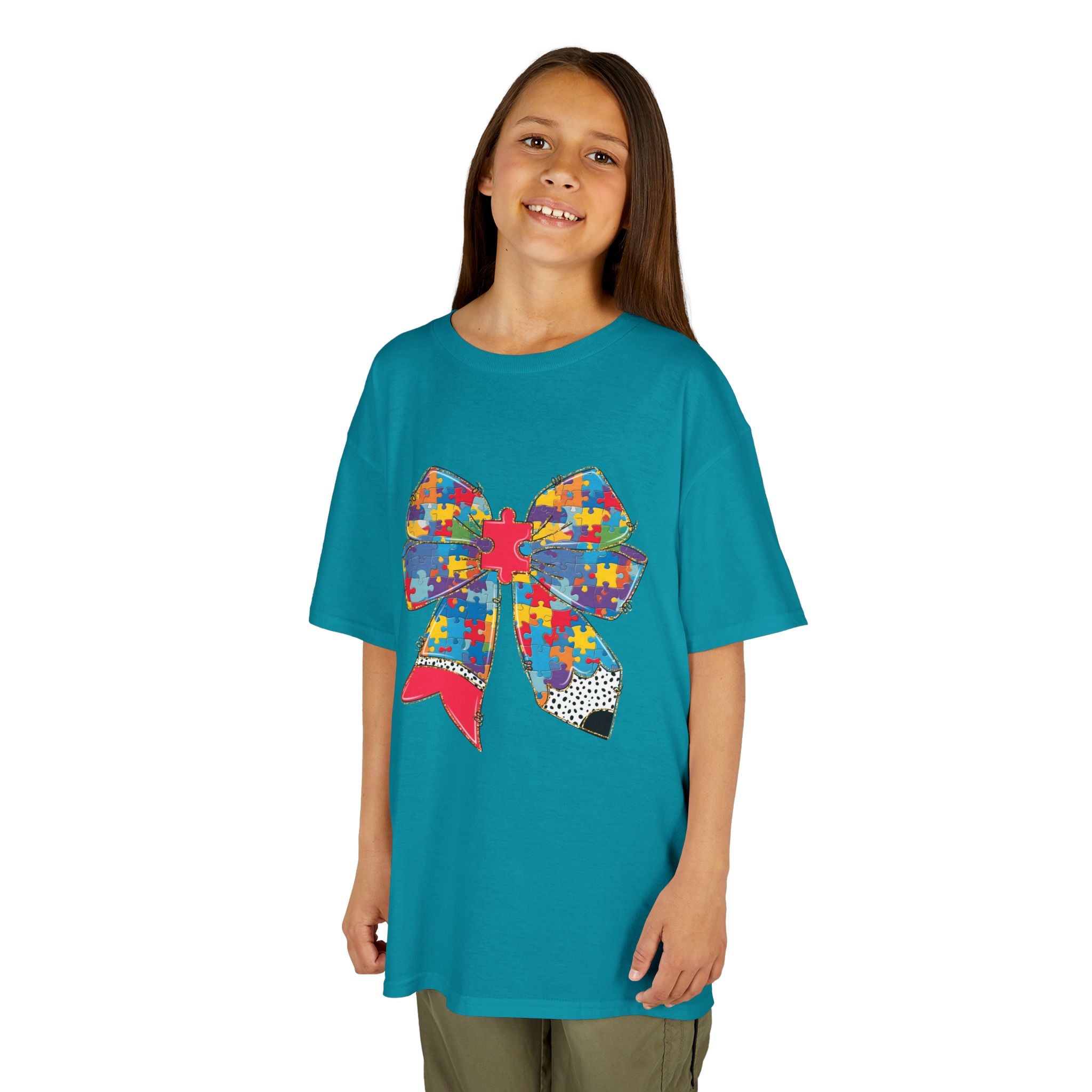 Autism Awareness Puzzle Bow Kids T‑Shirt – Autism Acceptance Gift