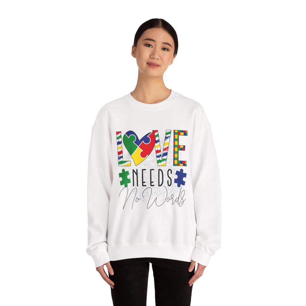 Autism Awareness Crewneck Sweatshirt — "Love Needs No Words" Puzzle Heart Design