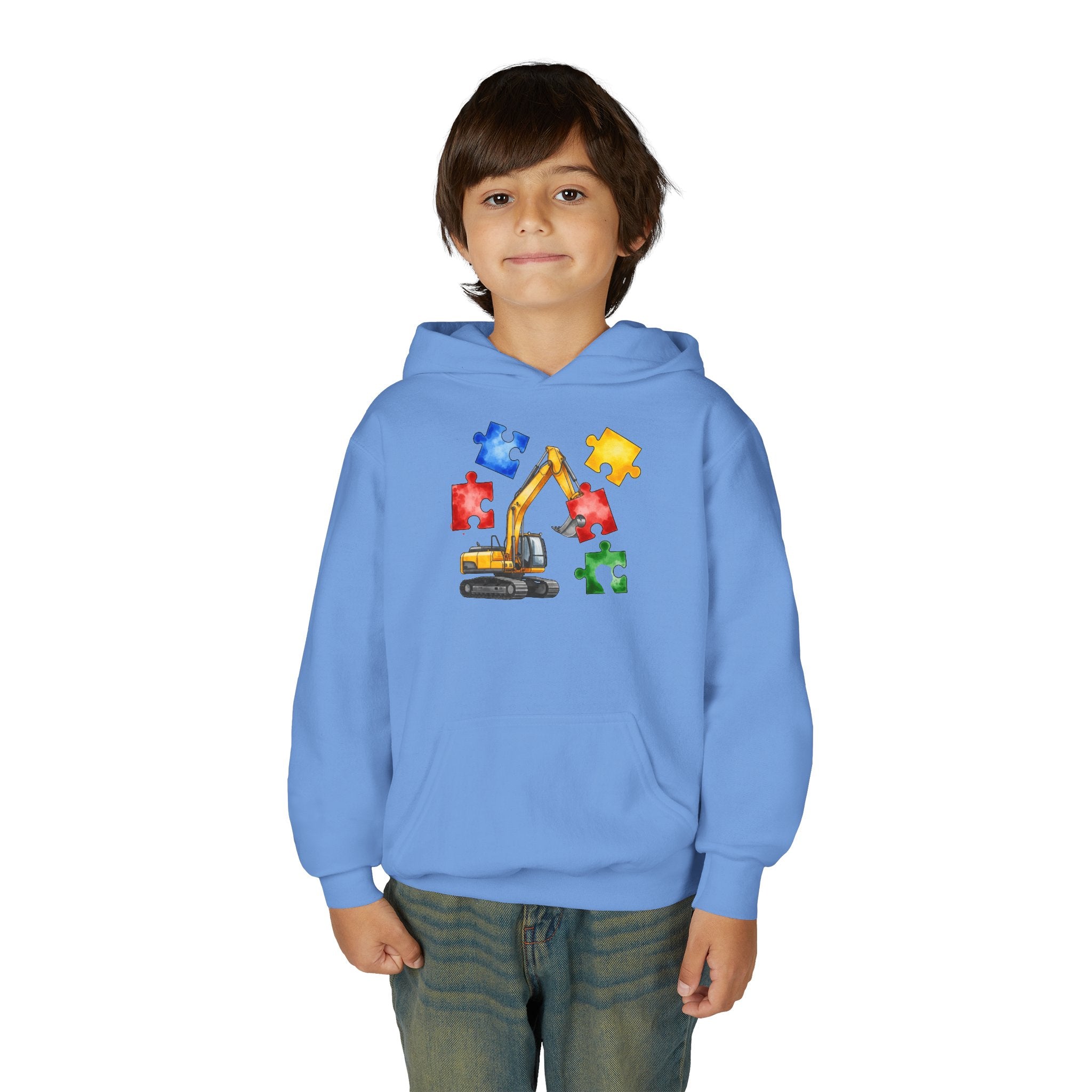 Kids Excavator Puzzle Hoodie - Autism Awareness Construction Sweatshirt