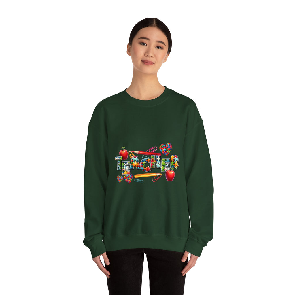 Teacher Crewneck Sweatshirt — Colorful Apple & School Supply Design