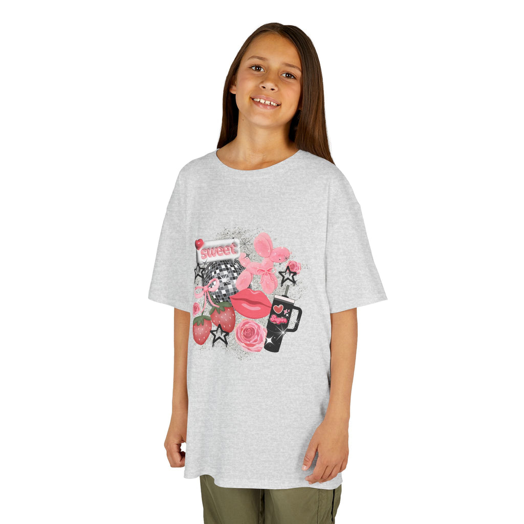 Kids Tee — Pink Floral Sticker Collage (Strawberries, Lips & Gadgets)