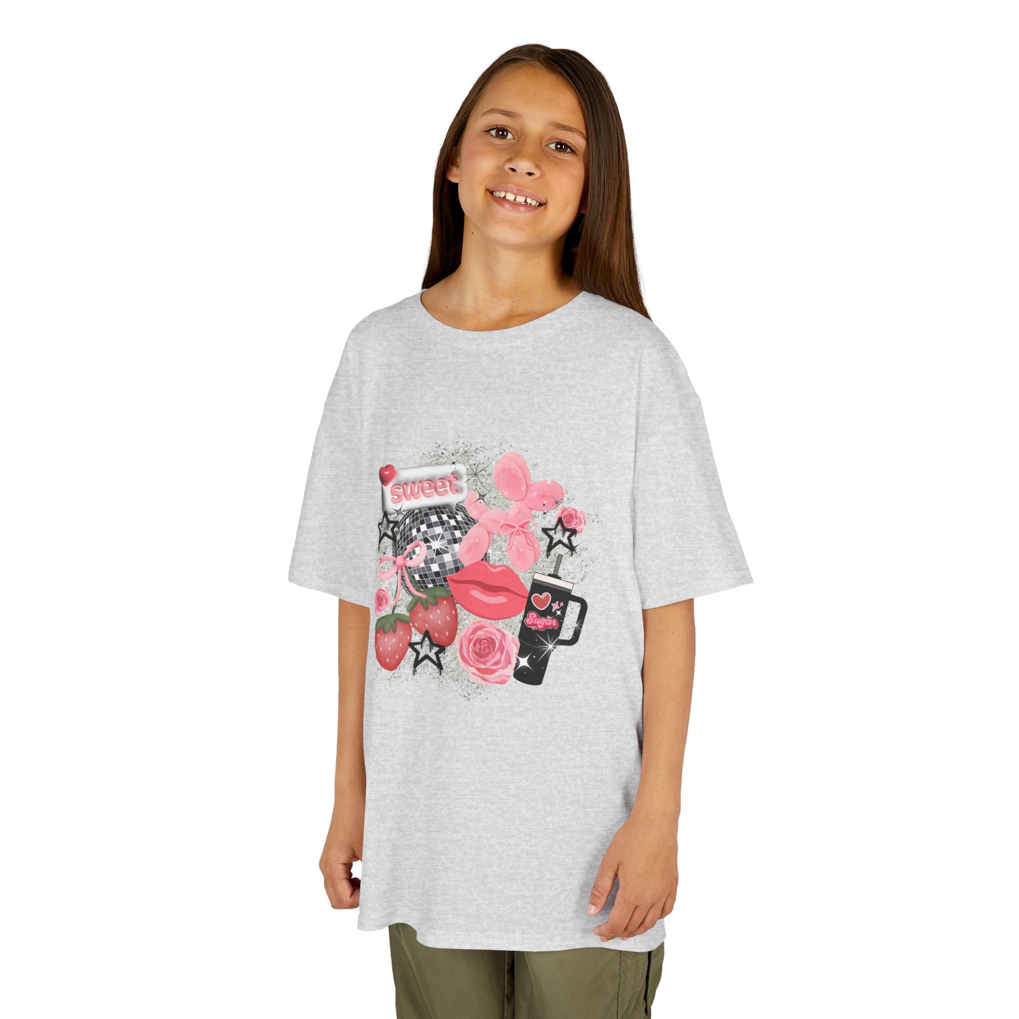 Kids Tee — Pink Floral Sticker Collage (Strawberries, Lips & Gadgets)