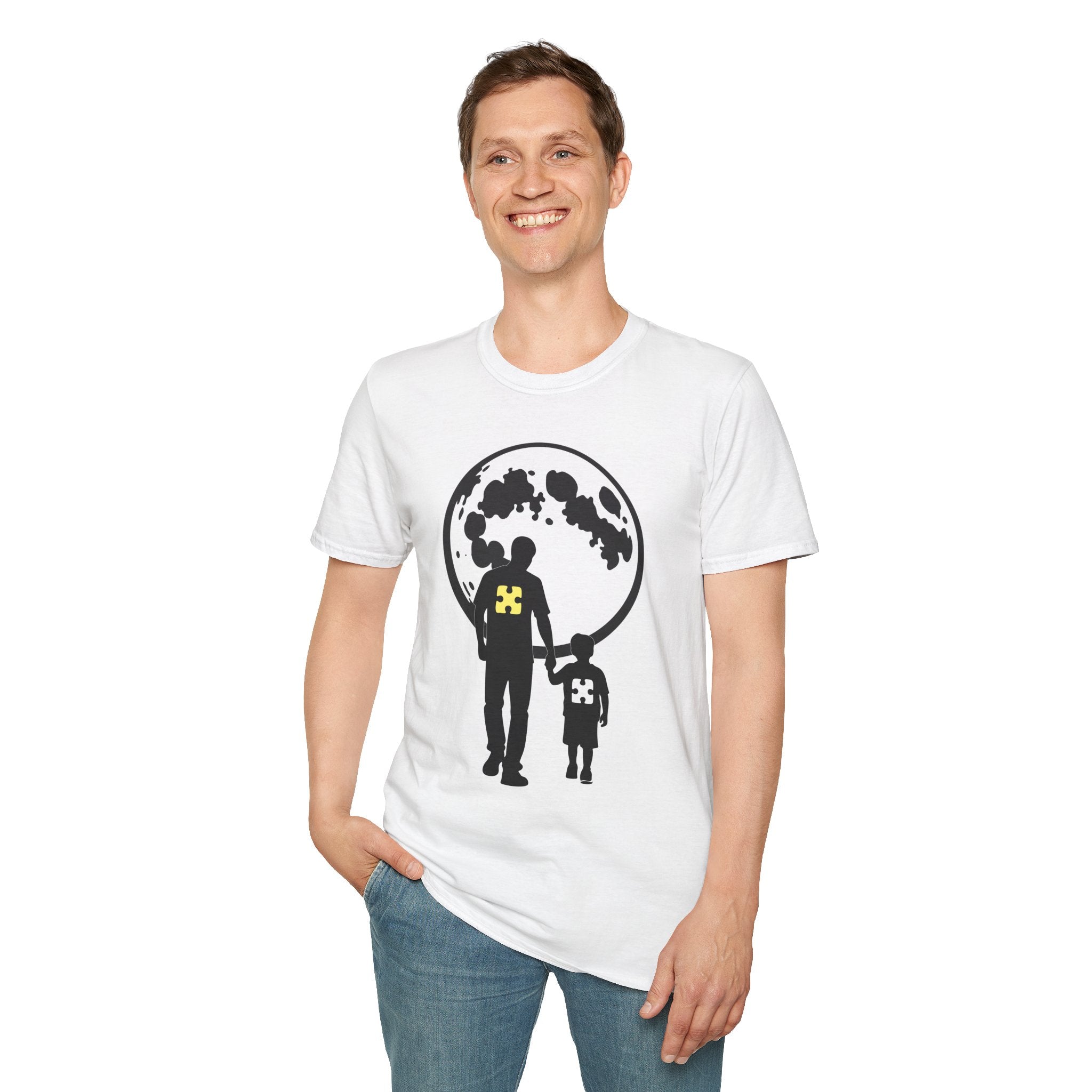 Moonwalk Father & Son T‑Shirt — Silhouette with Moon & Yellow Patch