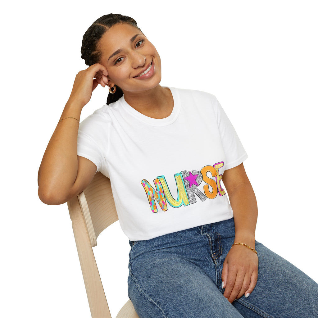 Nurse Colorful Lettering T-Shirt – Playful Scrubs-Themed Tee for Nurses