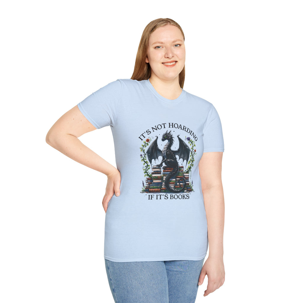 Dragon Reading T-Shirt — "It's Not Hoarding If It's Books" Book Lover Tee