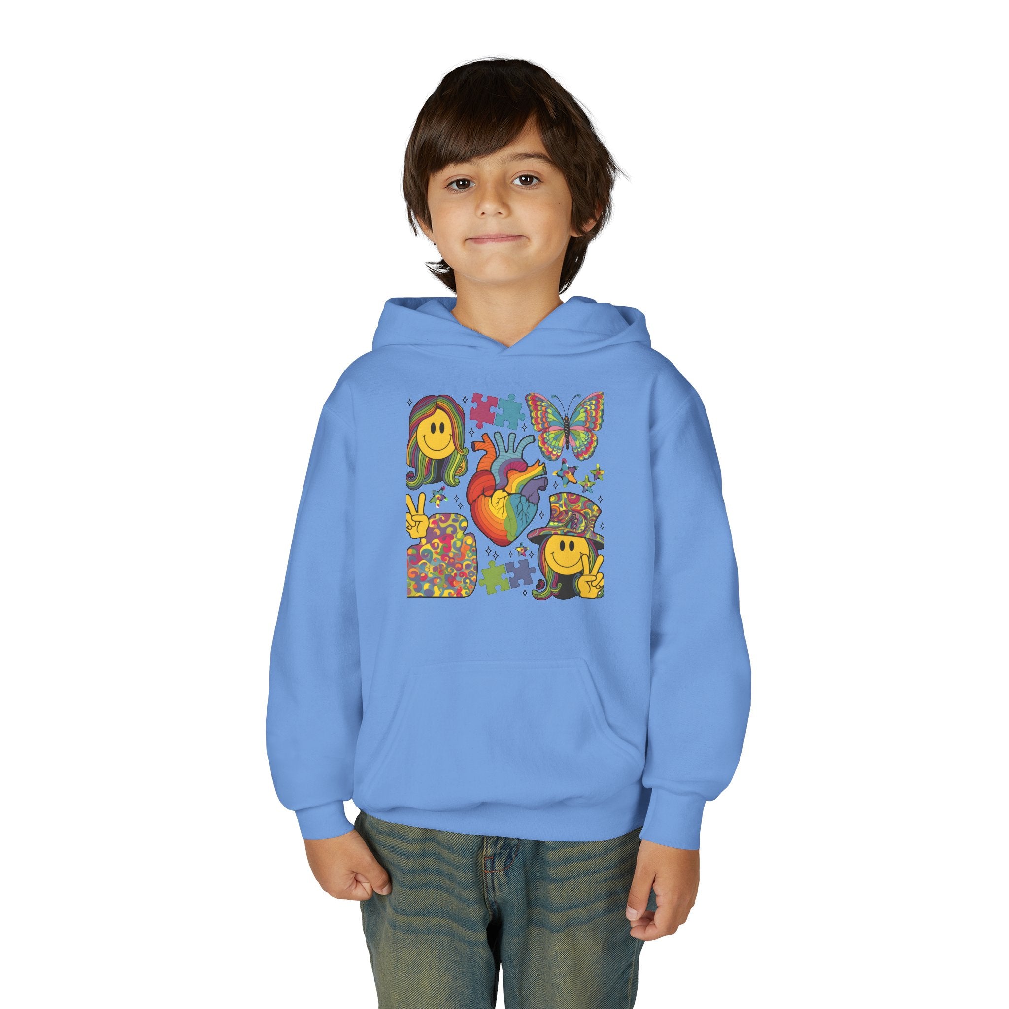 Youth Hoodie — Colorful Retro Smiley & Puzzle Heart Graphic