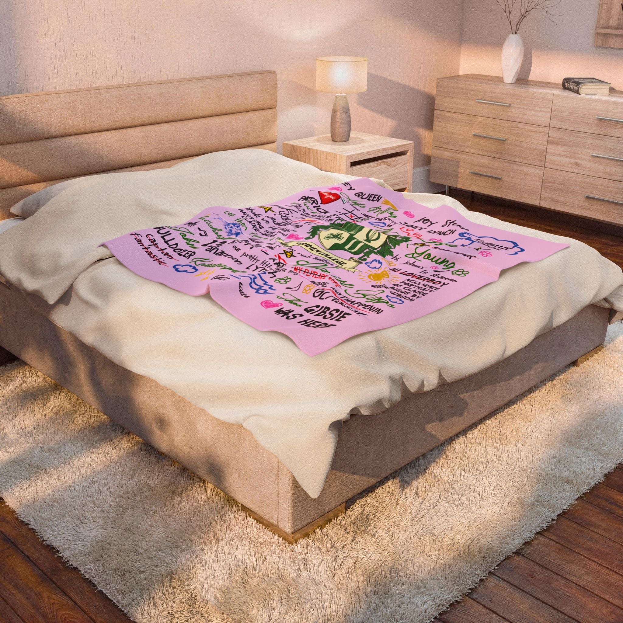 Velveteen Plush Blanket — Pink Doodle College Crest Throw