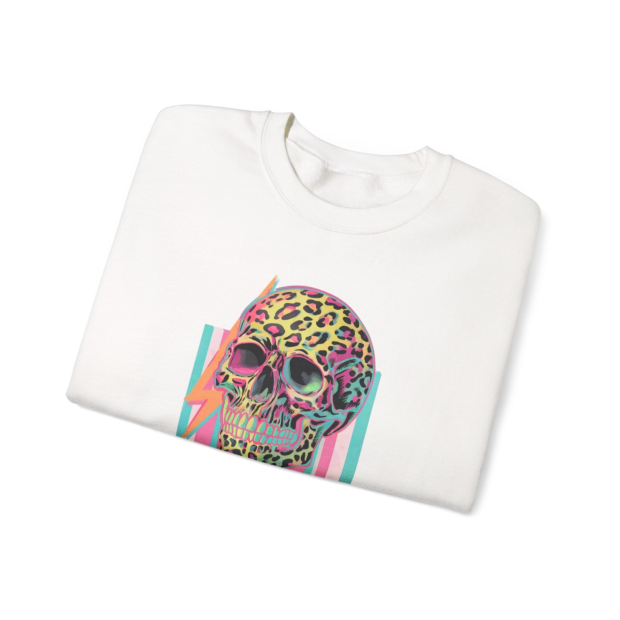 Stressed Since Birth Skull Crewneck Sweatshirt — Retro Neon Leopard Skull Pullover