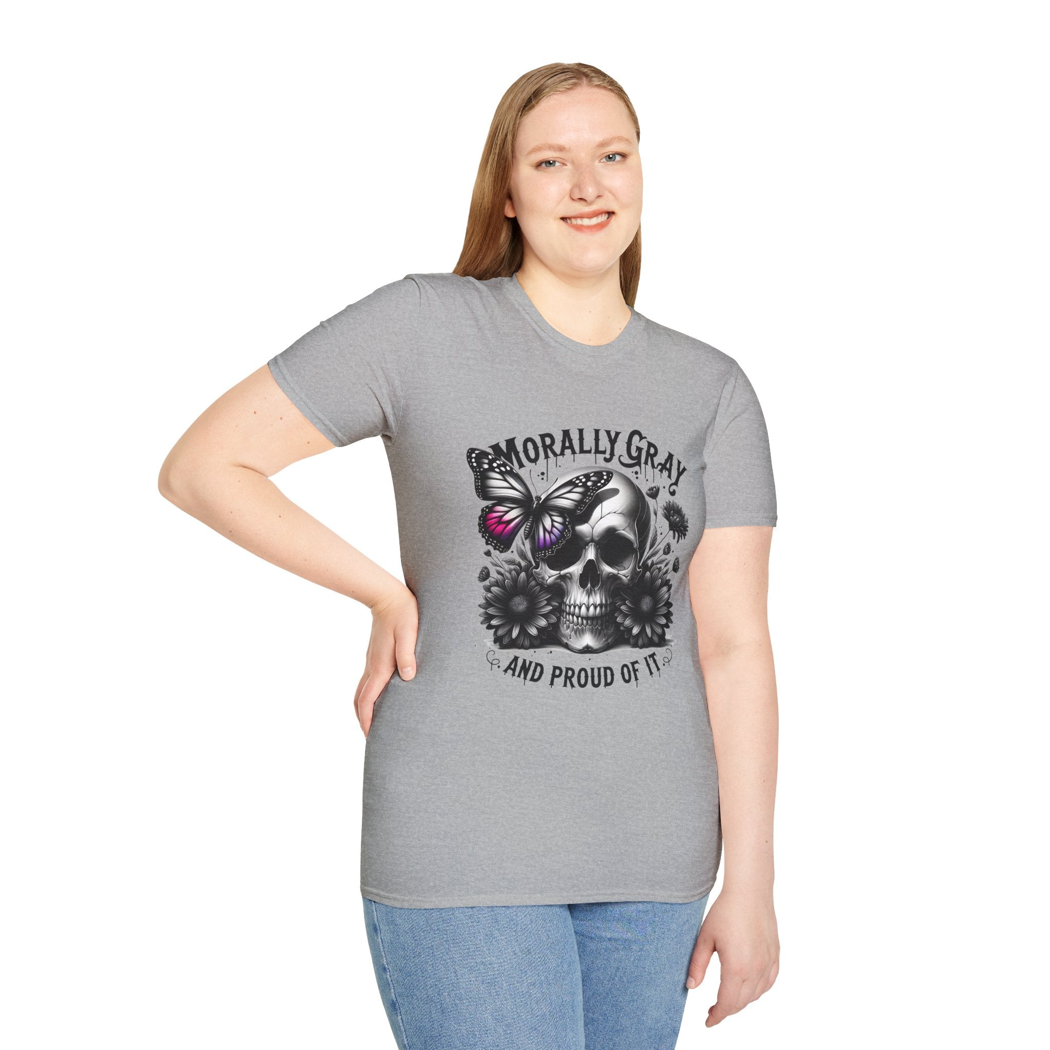 Morally Gray Skull T-Shirt — "Morally Gray and Proud of It" Gothic Butterfly Tee