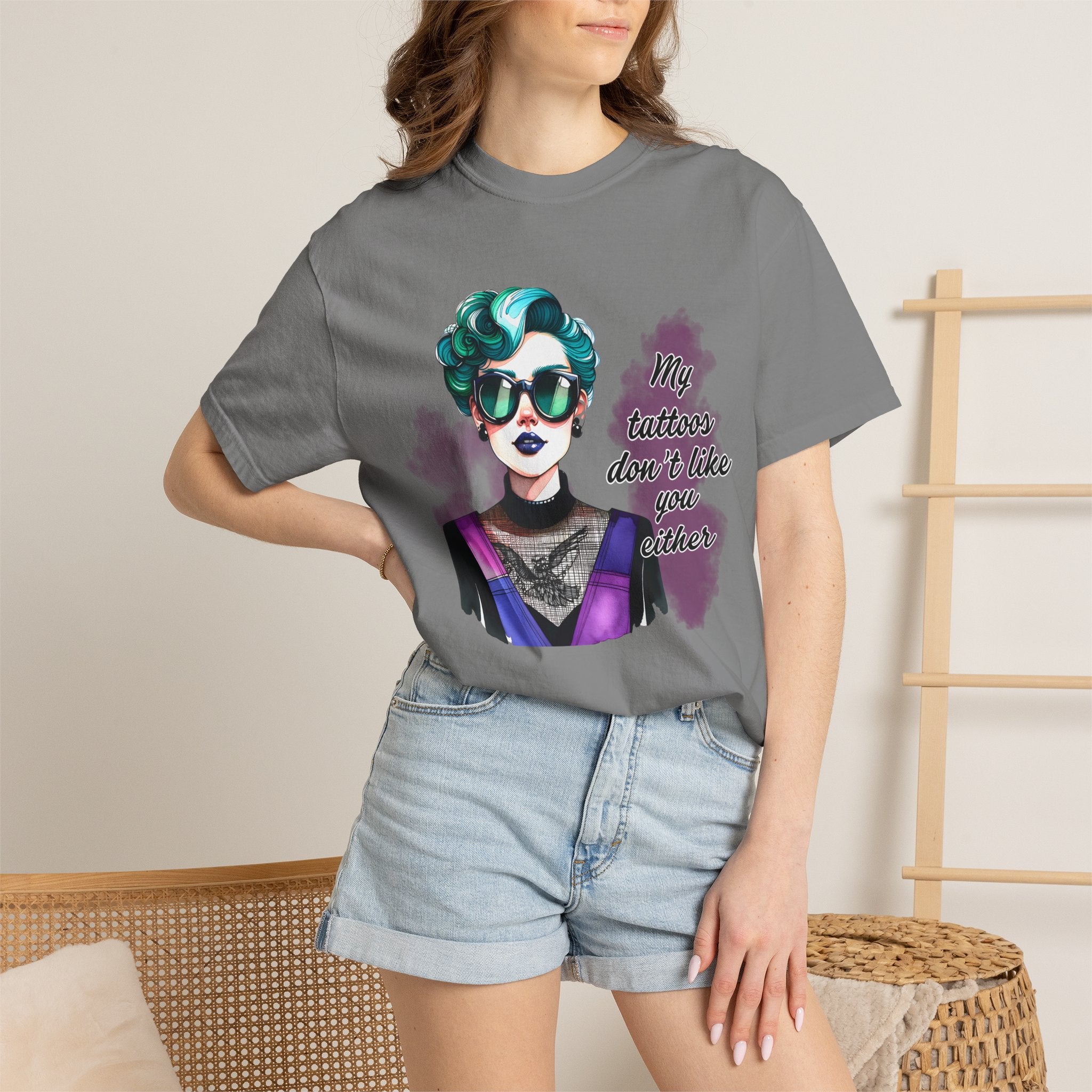 Graphic T-Shirt — Retro Punk Portrait with “My Tattoos Don’t Like You Either” Slogan