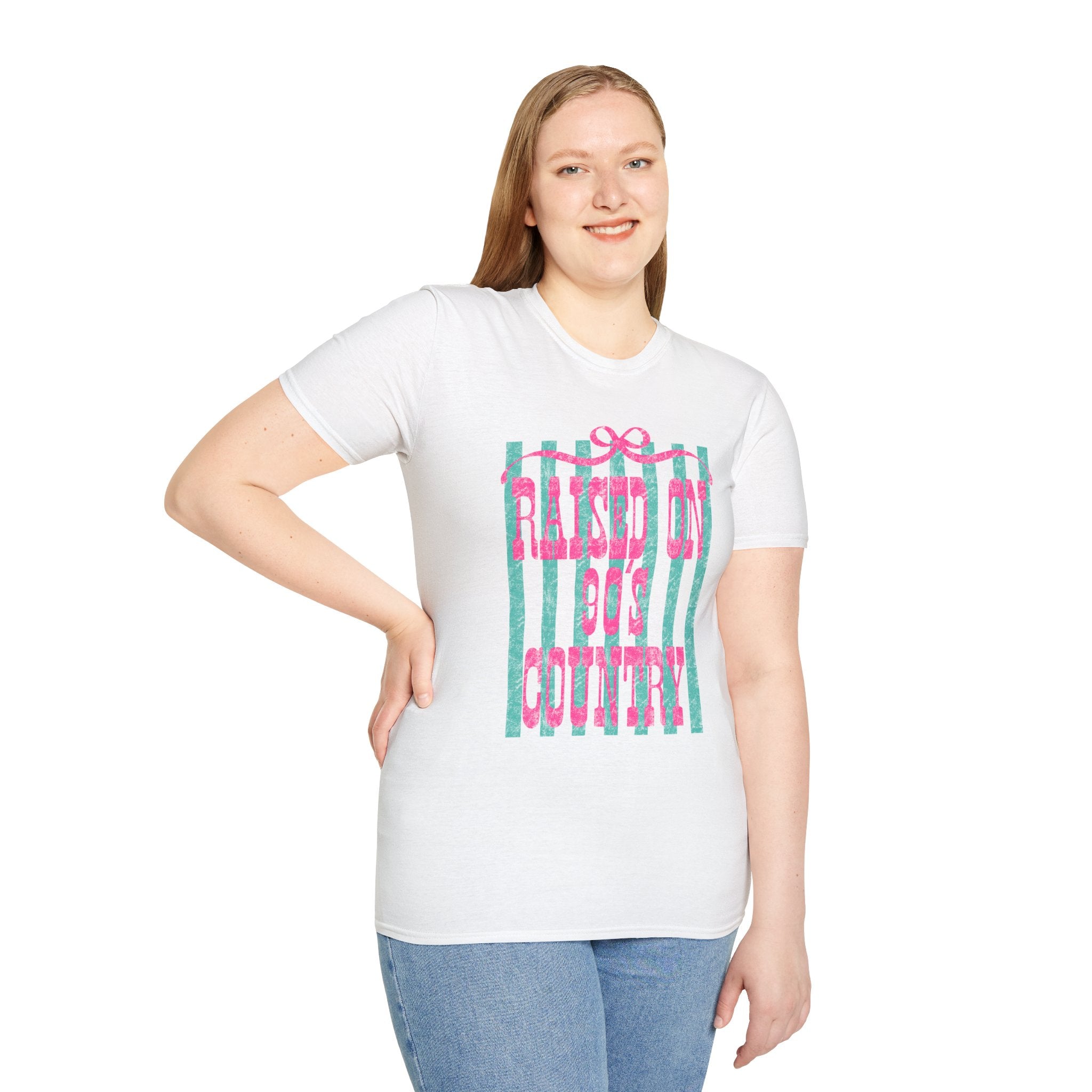 Raised On Rock & Country T-Shirt — Pink Teal Striped Graphic Tee