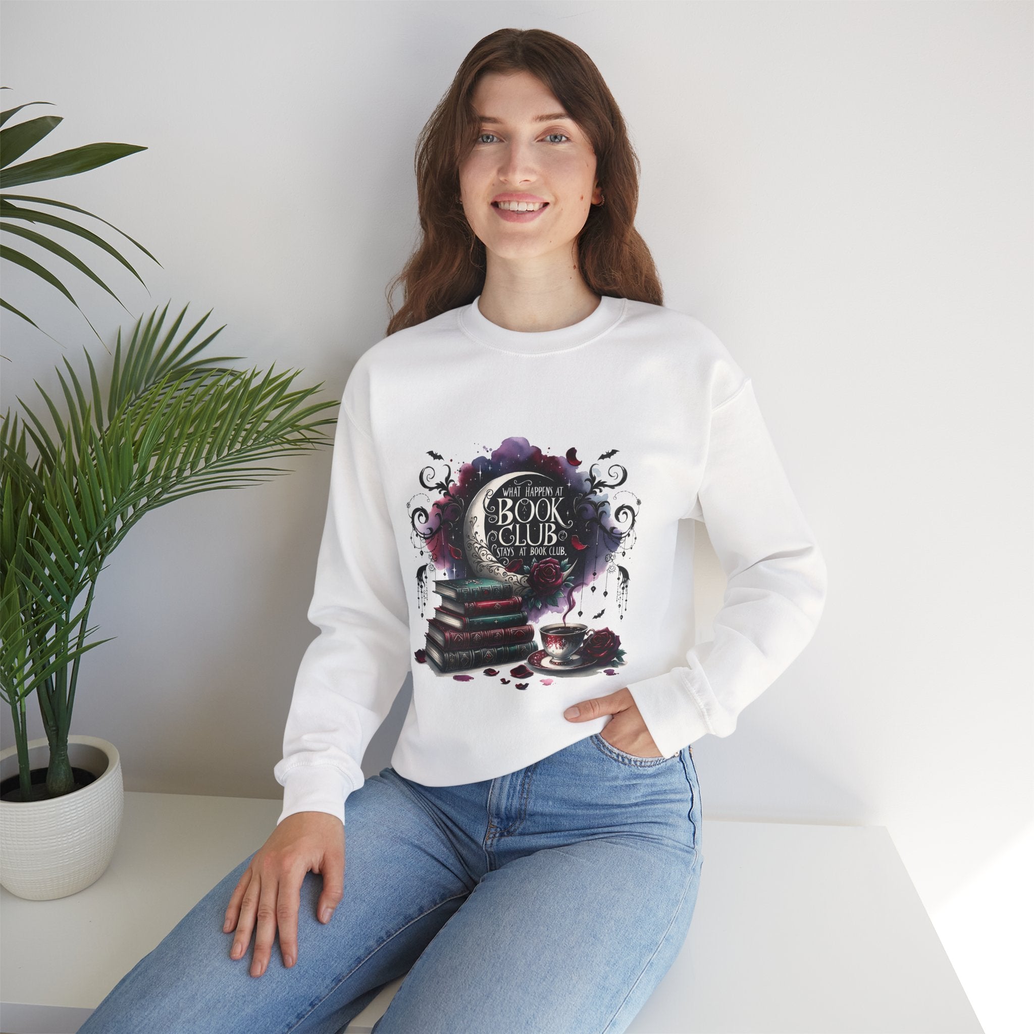 Book Club Crewneck Sweatshirt — Cozy Literary Stack & Tea Design