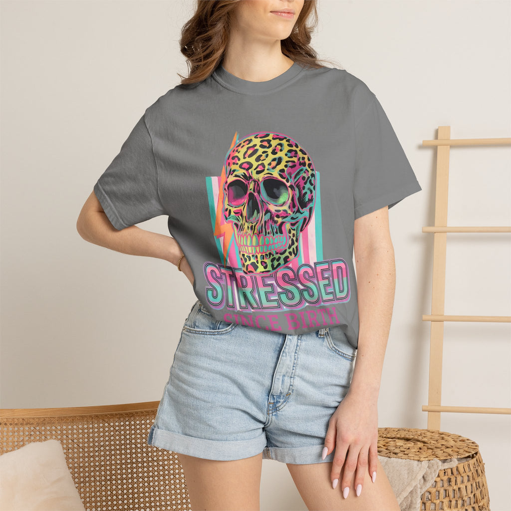 Stressed Since Birth T-Shirt — Neon Leopard Skull Graphic Tee