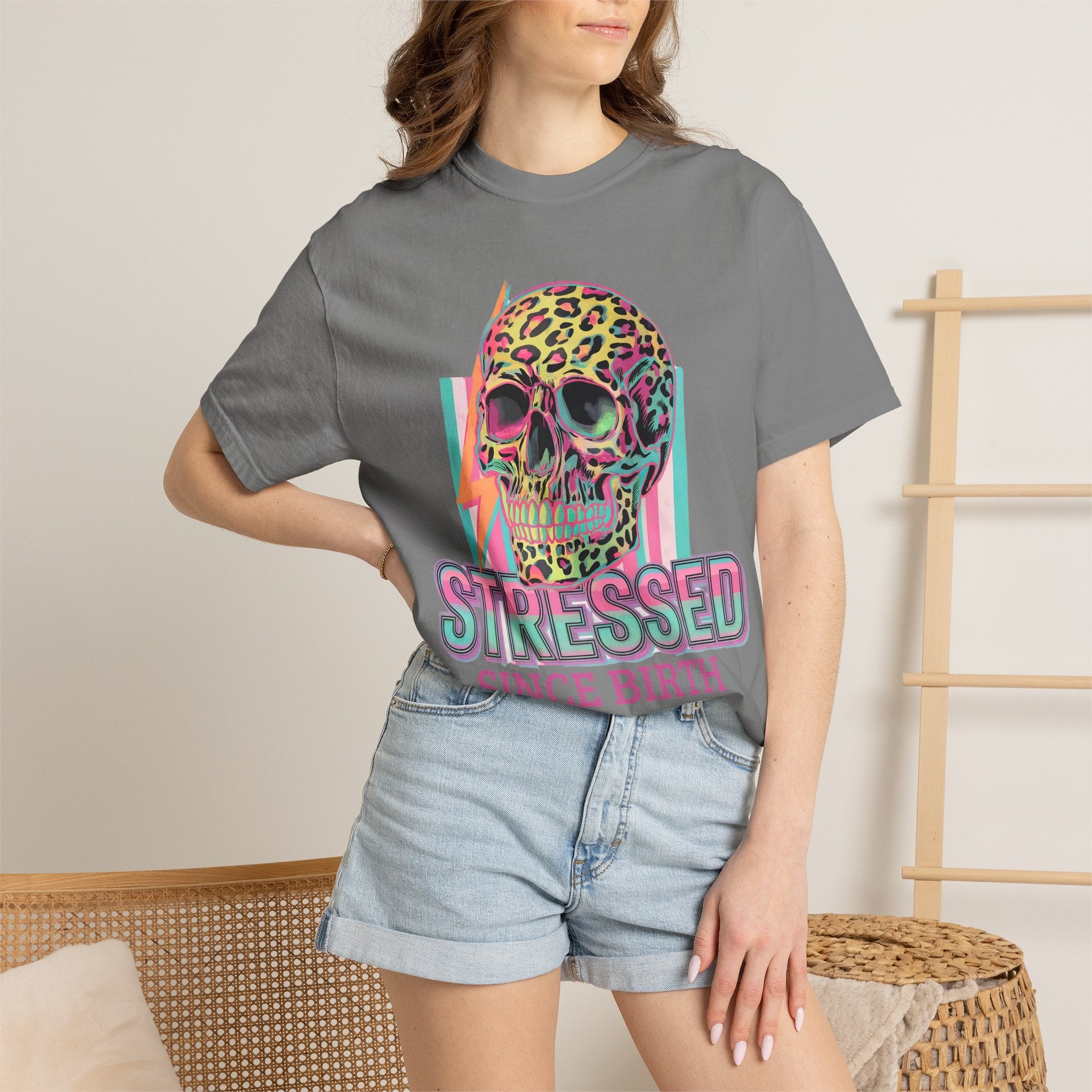 Stressed Since Birth T-Shirt — Neon Leopard Skull Graphic Tee