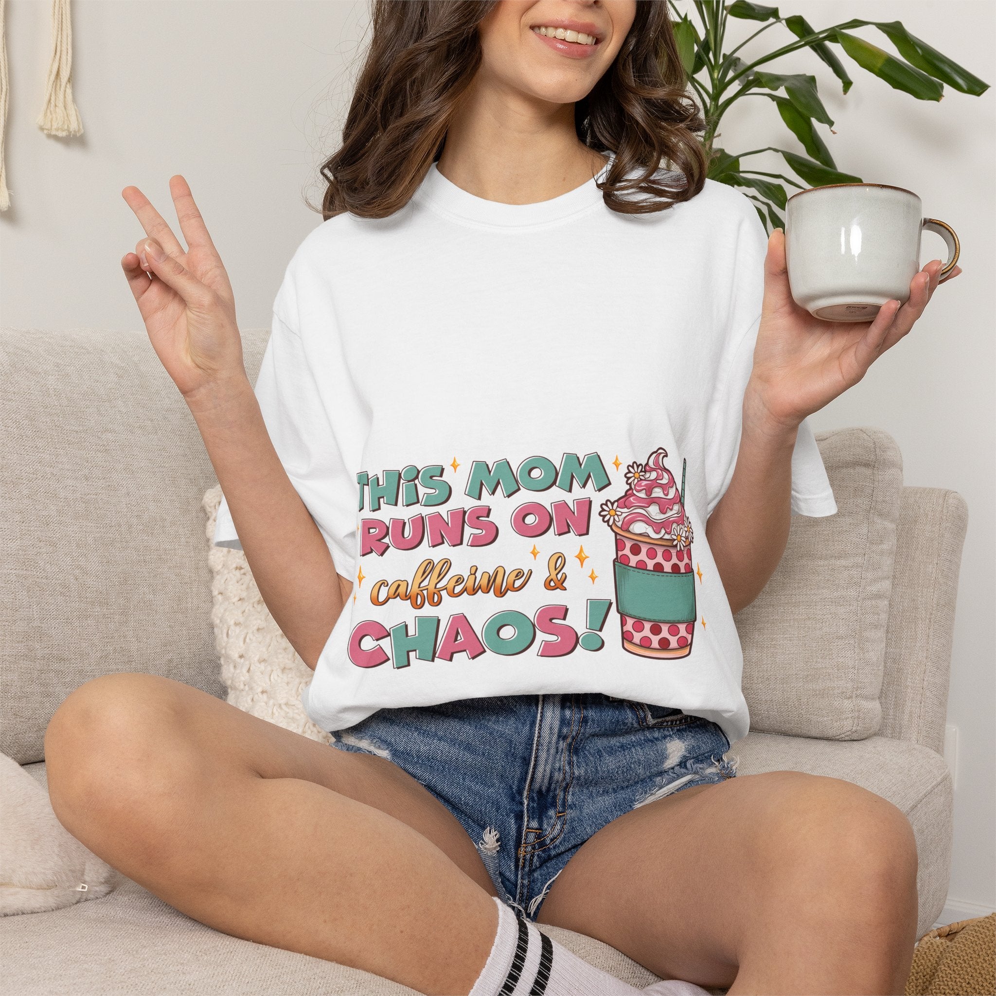 Mom Coffee T-Shirt — "This Mom Runs on Caffeine & Chaos" Cute Graphic Tee