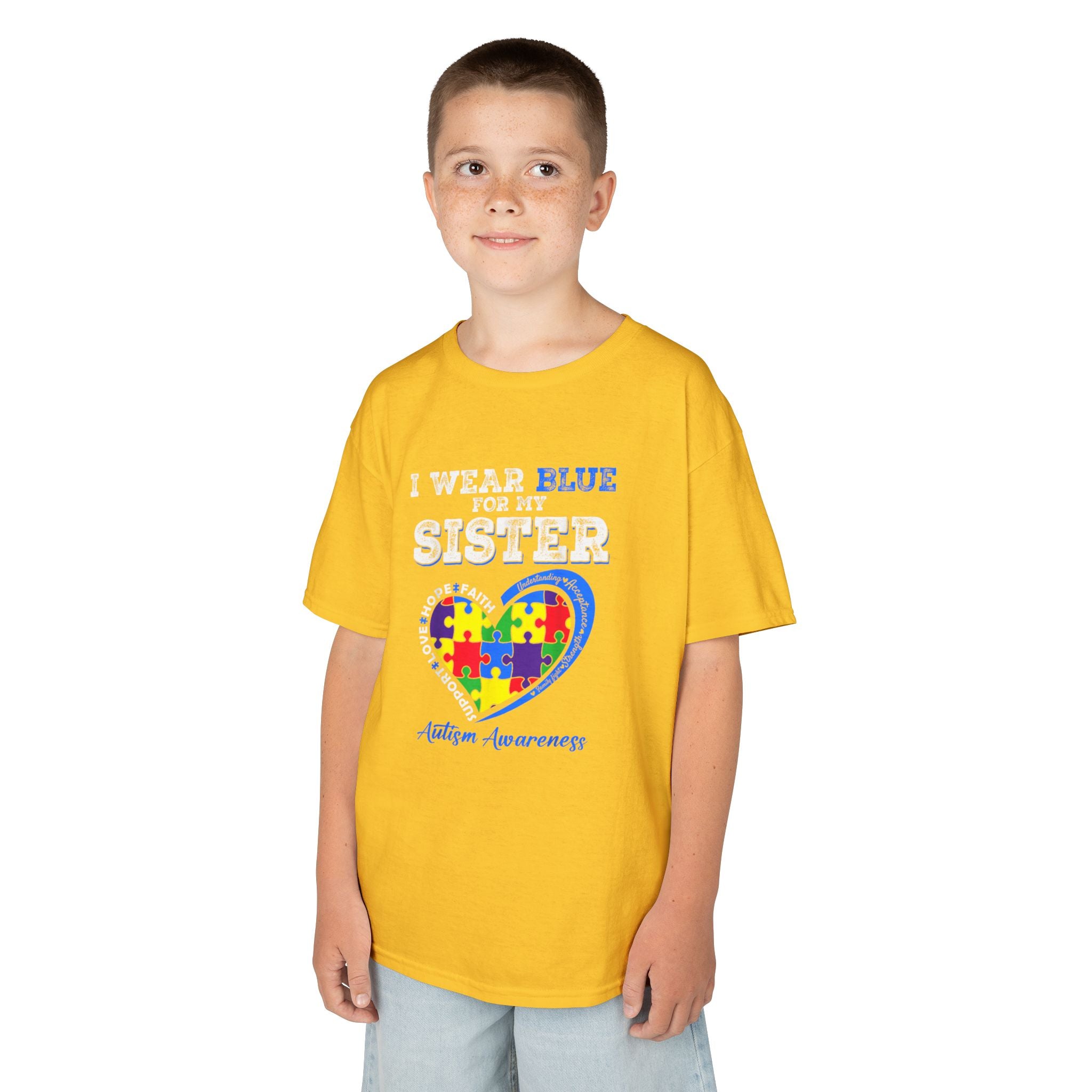 Autism Awareness Kids Tee — "I Wear Blue For My Sister" Puzzle Heart