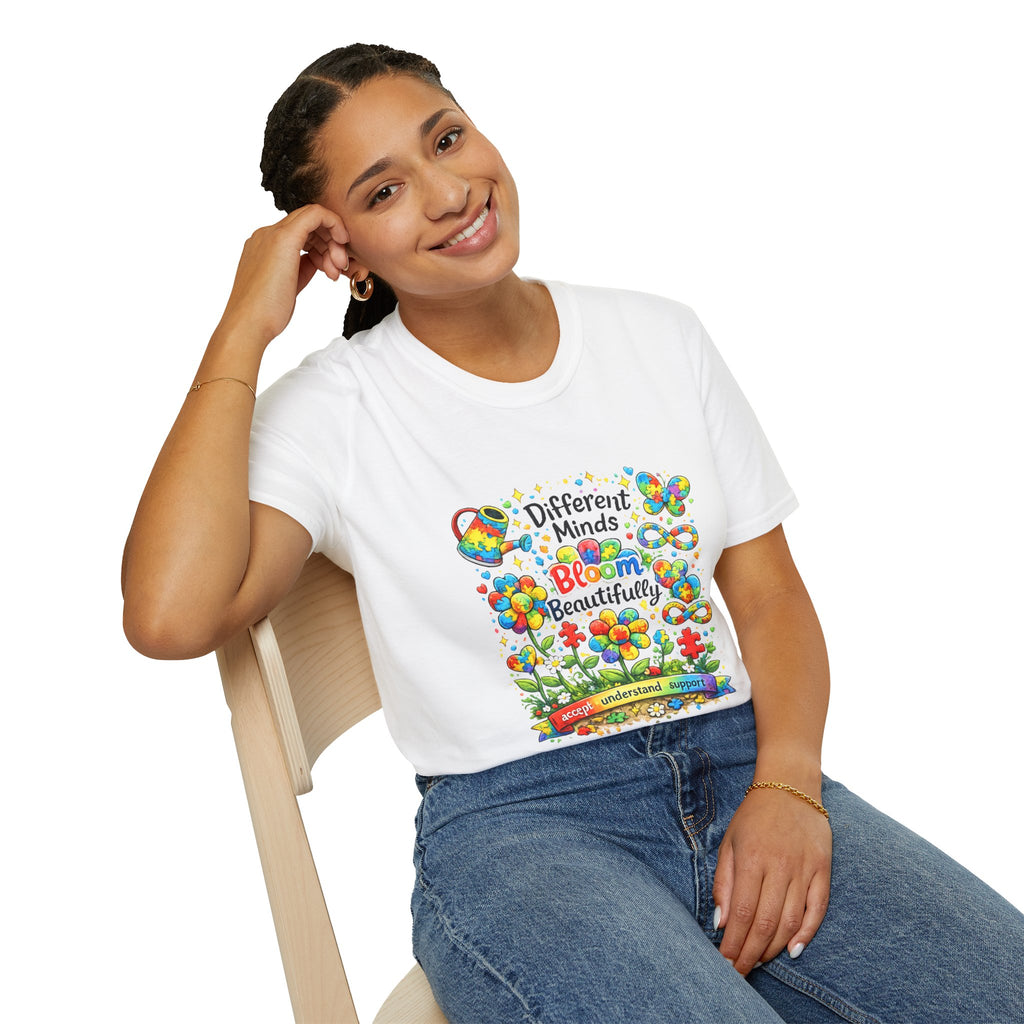 Autism Awareness T-Shirt – "Different Minds Bloom Beautifully" Colorful Puzzle Heart Design