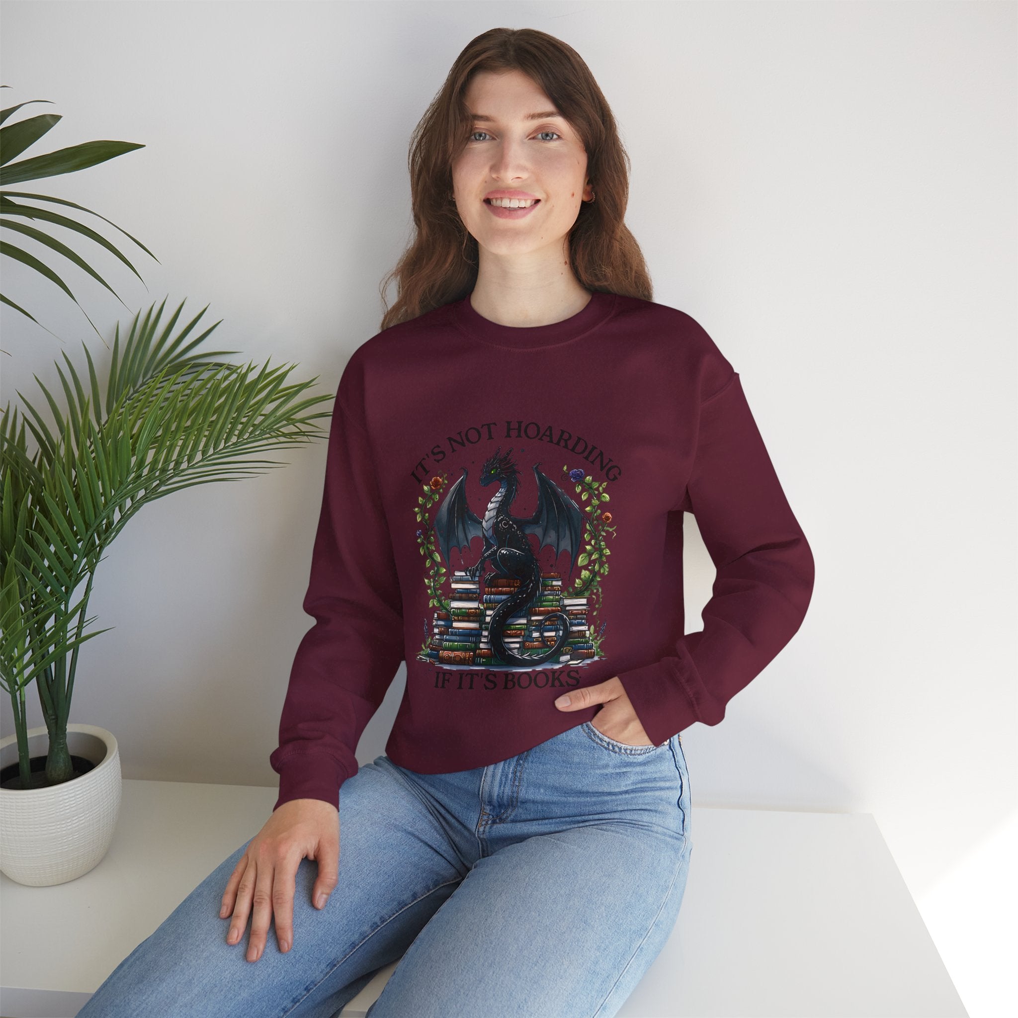 Book Dragon Crewneck Sweatshirt — "It's Not Hoarding If It's Books" Cozy Reader Pullover