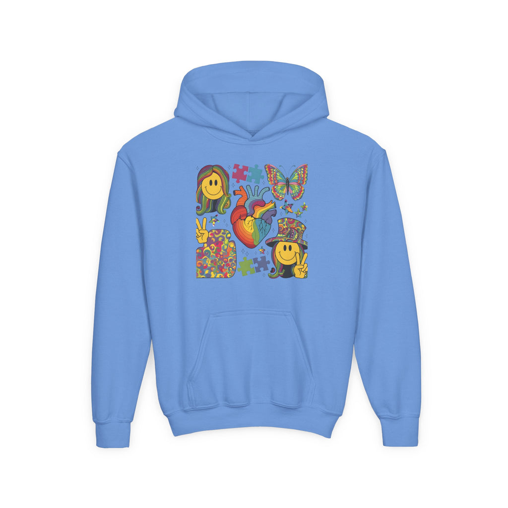 Youth Hoodie — Colorful Retro Smiley & Puzzle Heart Graphic