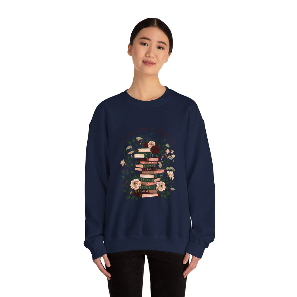 Book Lover Crewneck Sweatshirt – “Books and Tea” Floral Stack Graphic