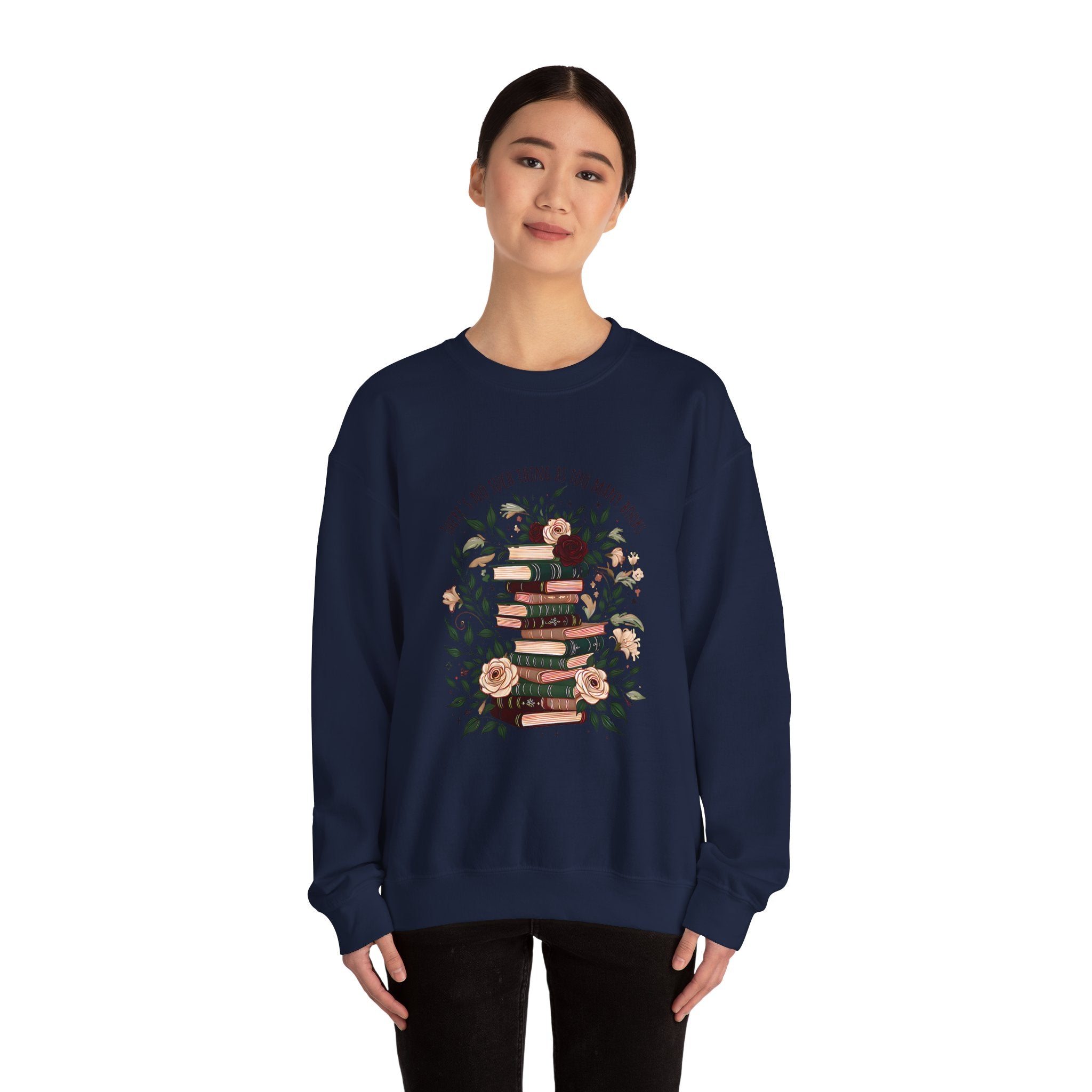 Book Lover Crewneck Sweatshirt – “Books and Tea” Floral Stack Graphic