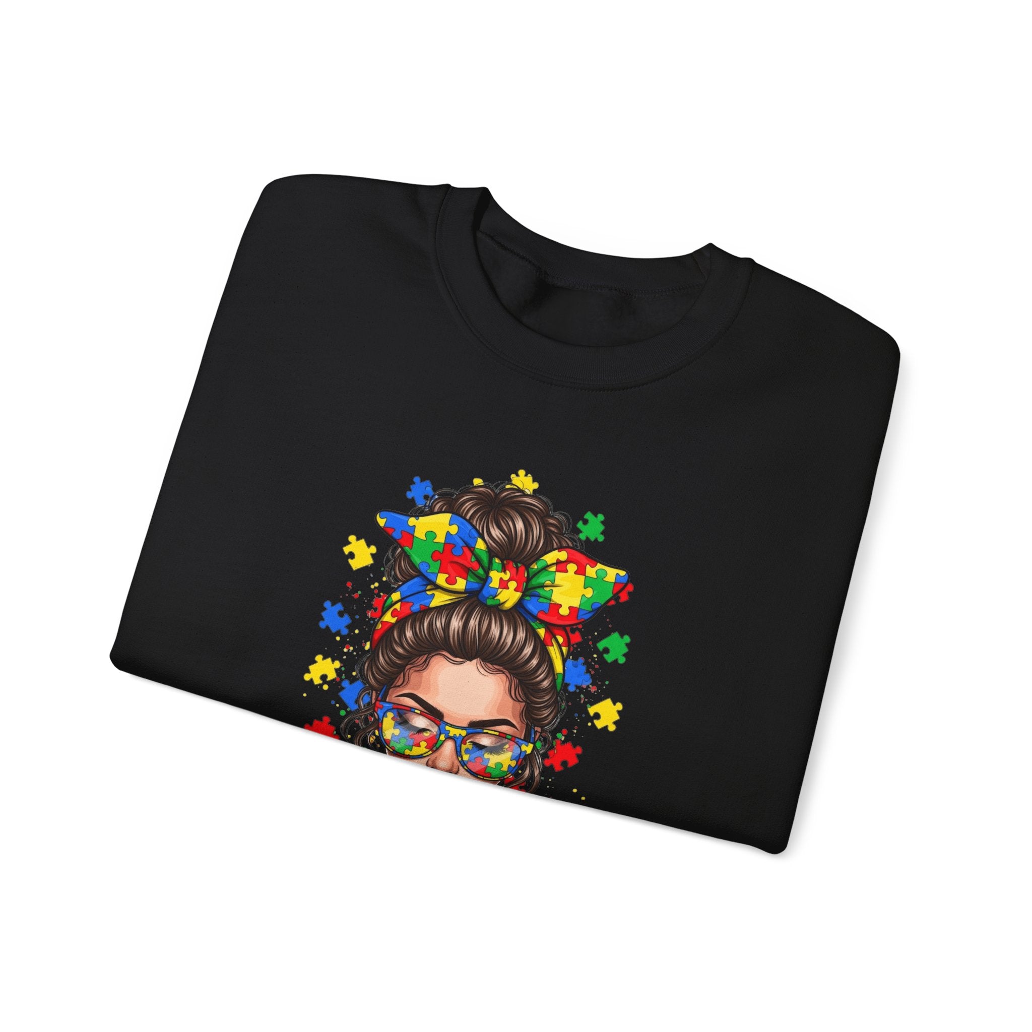 Autism Pride Crewneck Sweatshirt – Colorful Puzzle Ribbon Girl Design